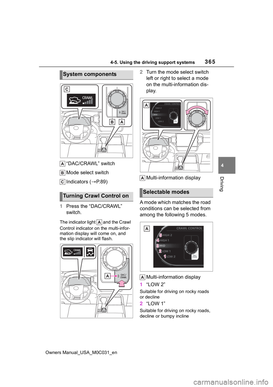 TOYOTA TUNDRA HYBRID 2022  Owners Manual 3654-5. Using the driving support systems
Owners Manual_USA_M0C031_en
4
Driving
“DAC/CRAWL” switch
Mode select switch
Indicators ( P. 8 9 )
1 Press the “DAC/CRAWL” 
switch.
The indicator li