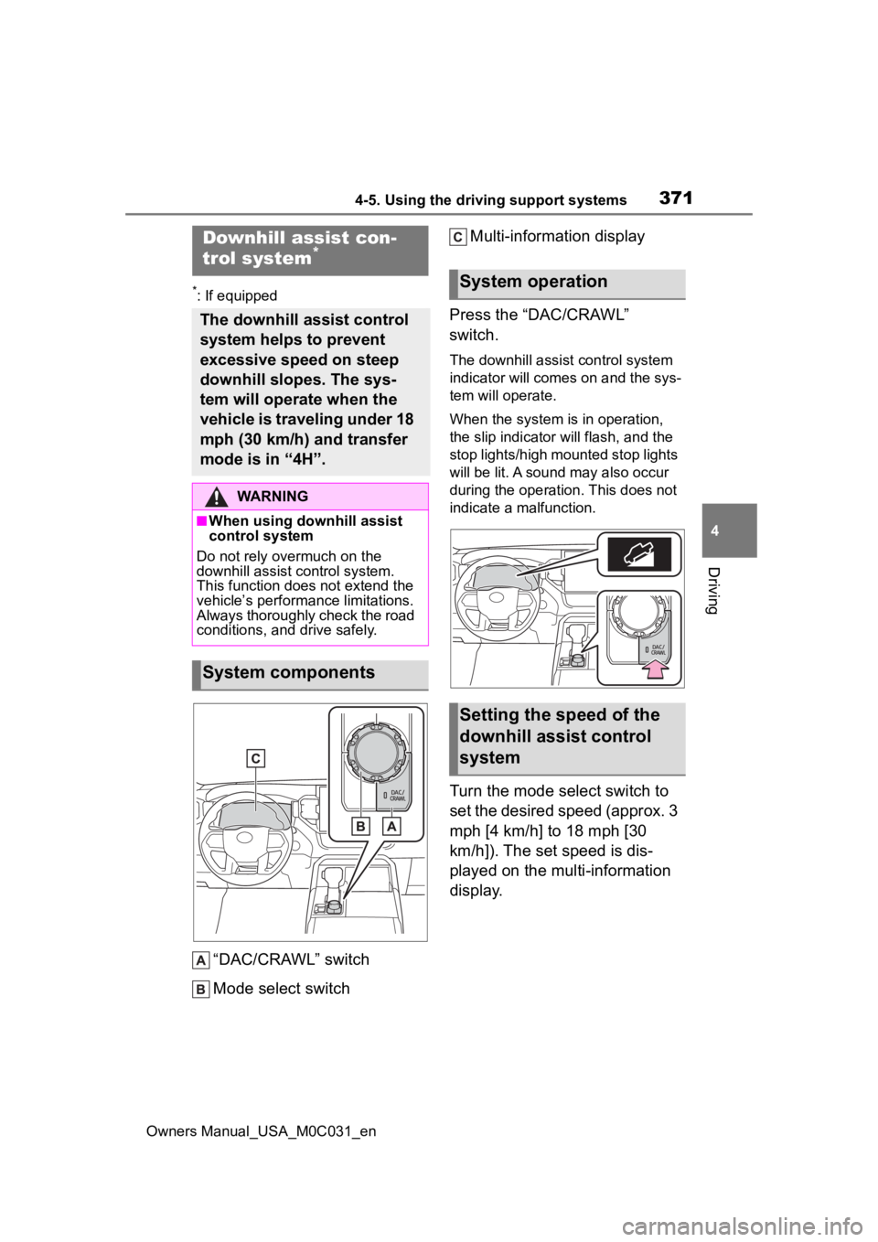 TOYOTA TUNDRA HYBRID 2022  Owners Manual 3714-5. Using the driving support systems
Owners Manual_USA_M0C031_en
4
Driving
*: If equipped
“DAC/CRAWL” switch
Mode select switch Multi-information display
Press the “DAC/CRAWL” 
switch.
Th