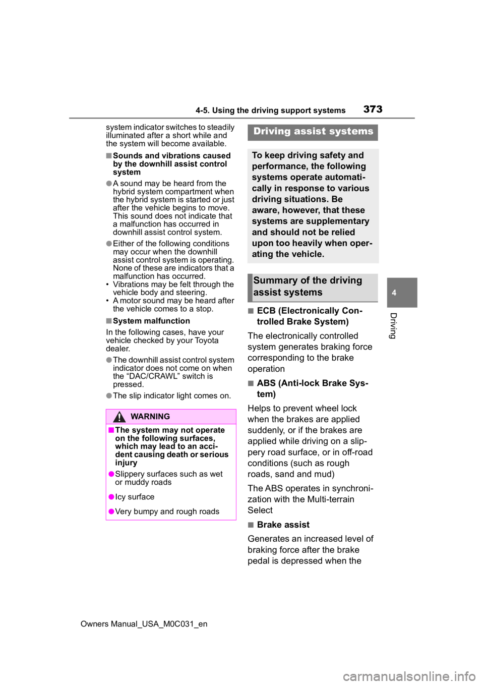TOYOTA TUNDRA HYBRID 2022  Owners Manual 3734-5. Using the driving support systems
Owners Manual_USA_M0C031_en
4
Driving
system indicator switches to steadily 
illuminated after a short while and 
the system will become available.
■Sounds 