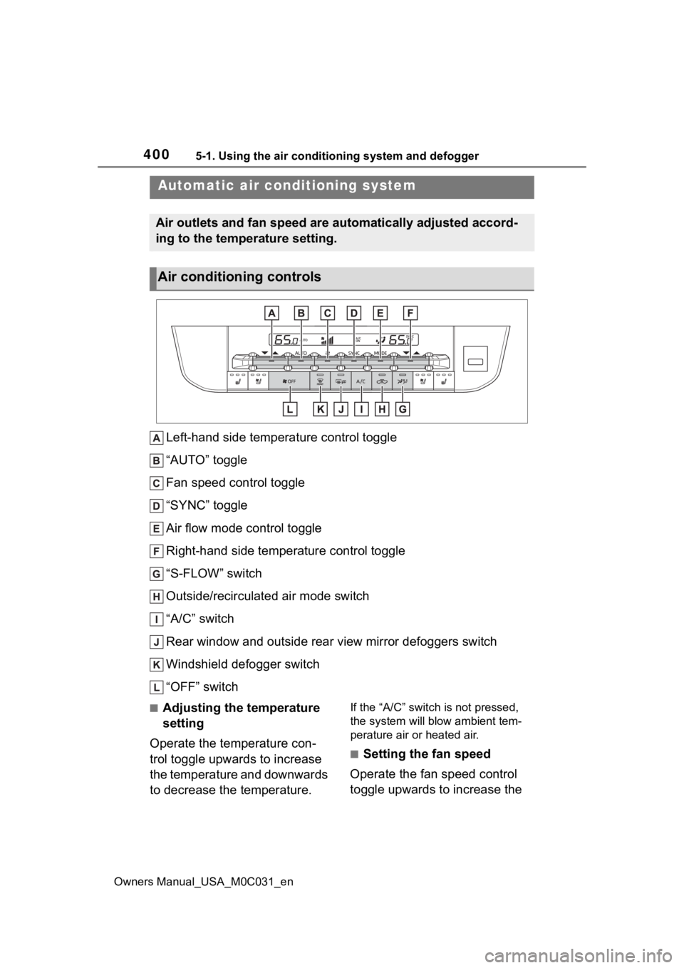 TOYOTA TUNDRA HYBRID 2022  Owners Manual 4005-1. Using the air conditioning system and defogger
Owners Manual_USA_M0C031_en
5-1.Using the air conditioning system and defogger
Left-hand side temperature control toggle
“AUTO” toggle
Fan sp