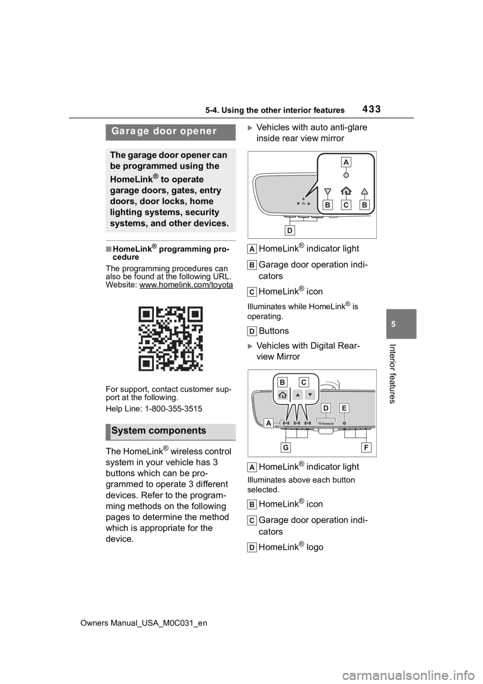 TOYOTA TUNDRA HYBRID 2022  Owners Manual 4335-4. Using the other interior features
Owners Manual_USA_M0C031_en
5
Interior features
■HomeLink® programming pro-
cedure
The programming procedures can 
also be found at the following URL.
Webs