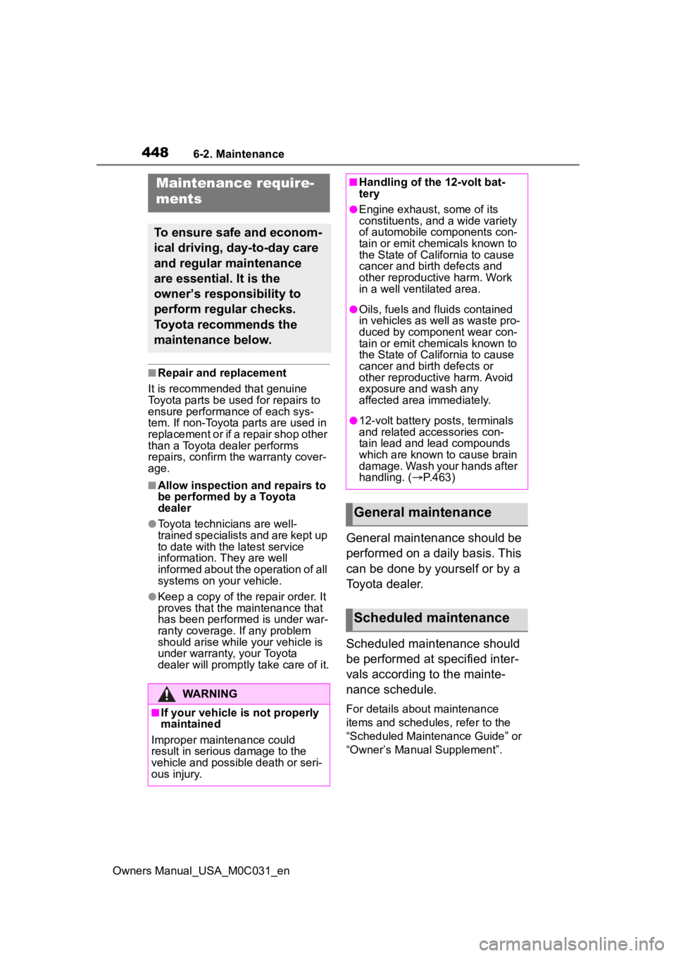 TOYOTA TUNDRA HYBRID 2022  Owners Manual 4486-2. Maintenance
Owners Manual_USA_M0C031_en
6-2.Maintenance
■Repair and replacement
It is recommended that genuine 
Toyota parts be used for repairs to 
ensure performanc e of each sys-
tem. If 