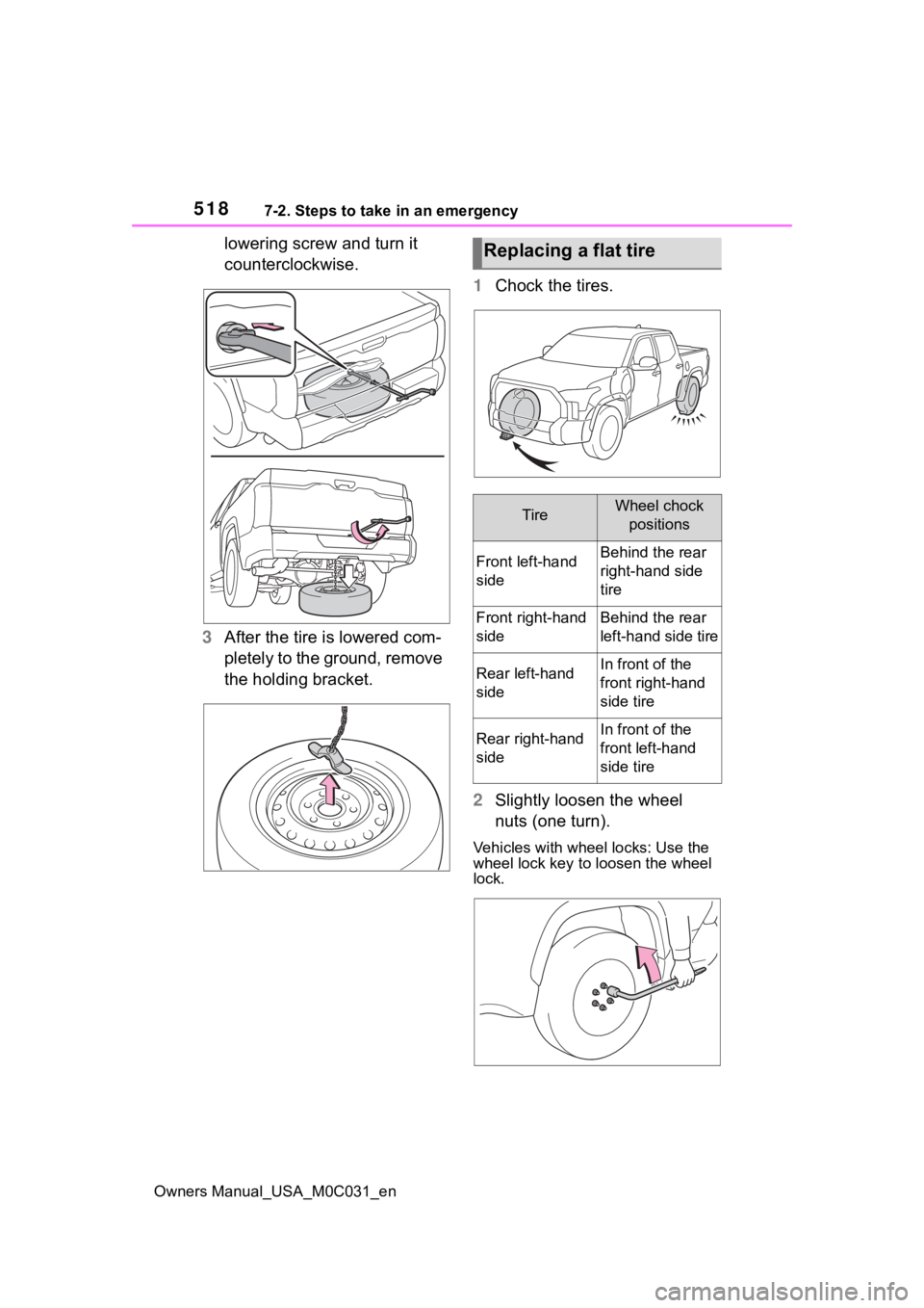 TOYOTA TUNDRA HYBRID 2022  Owners Manual 5187-2. Steps to take in an emergency
Owners Manual_USA_M0C031_en
lowering screw and turn it 
counterclockwise.
3 After the tire is lowered com-
pletely to the ground, remove 
the holding bracket. 1
C