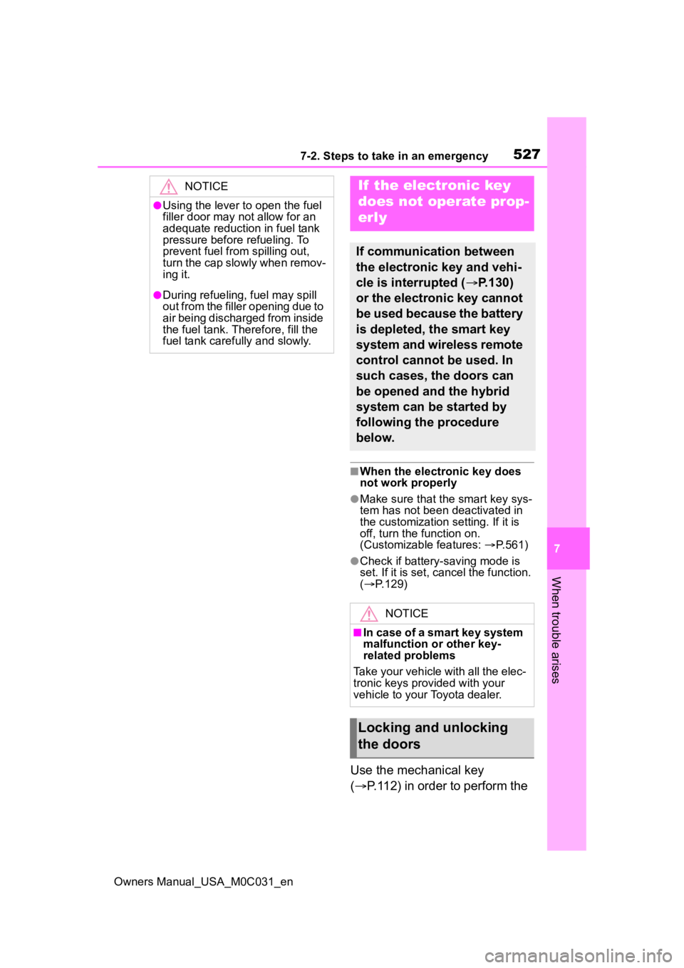 TOYOTA TUNDRA HYBRID 2022  Owners Manual 5277-2. Steps to take in an emergency
Owners Manual_USA_M0C031_en
7
When trouble arises
■When the electronic key does 
not work properly
●Make sure that the smart key sys-
tem has not been deactiv