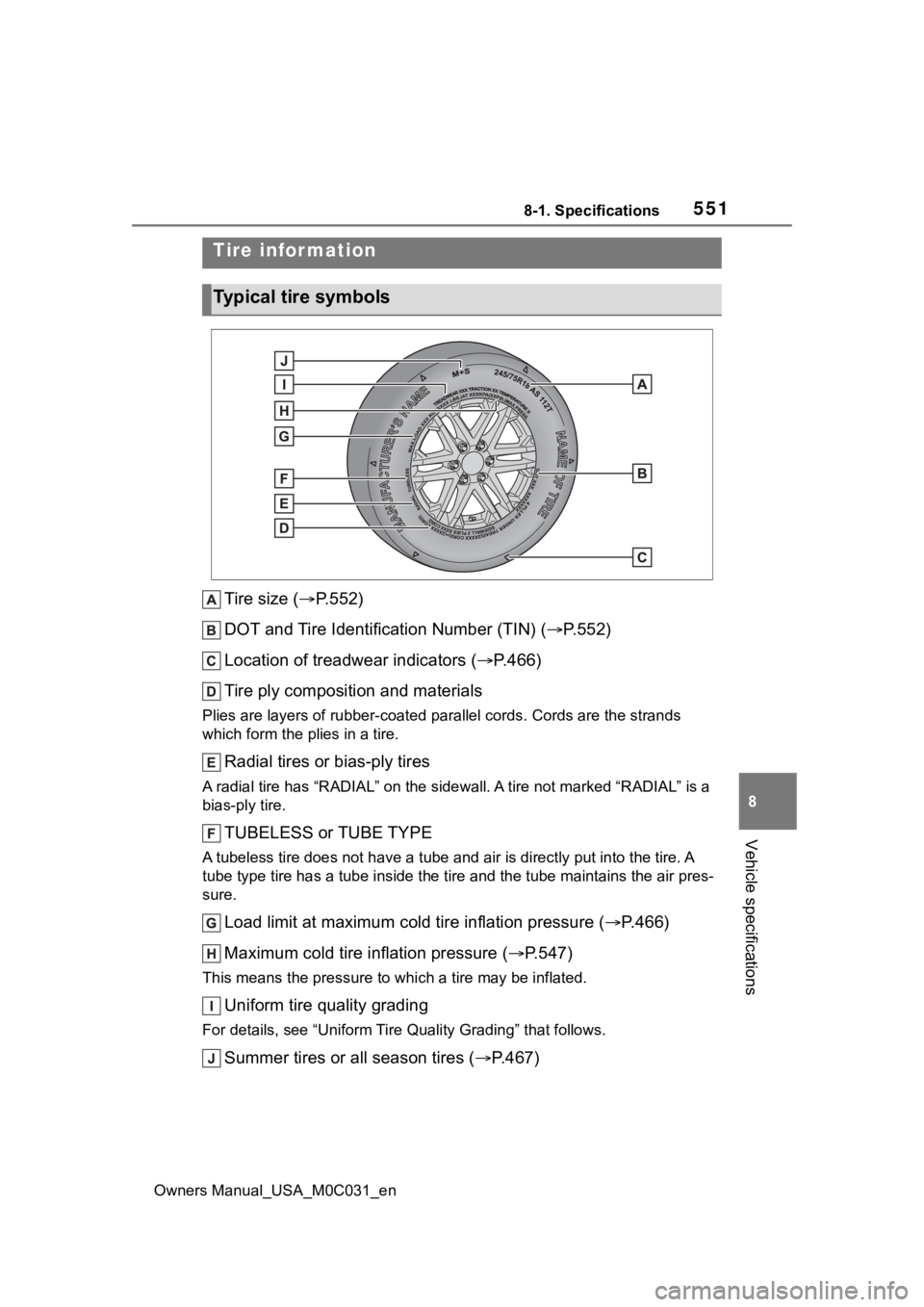 TOYOTA TUNDRA HYBRID 2022  Owners Manual 5518-1. Specifications
Owners Manual_USA_M0C031_en
8
Vehicle specifications
Tire size ( P.552)
DOT and Tire Identification Number (TIN) ( P.552)
Location of treadwear indicators ( P.466)
Tire