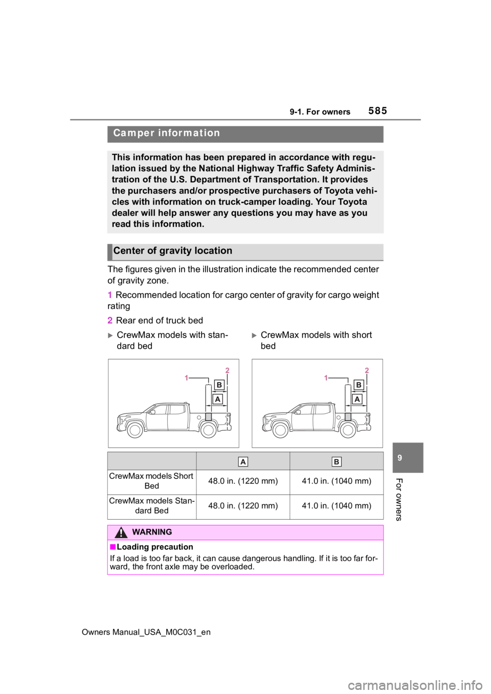 TOYOTA TUNDRA HYBRID 2022  Owners Manual 5859-1. For owners
Owners Manual_USA_M0C031_en
9
For owners
The figures given in the illustra tion indicate the recommended  center 
of gravity zone.
1  Recommended location for cargo center of gravit