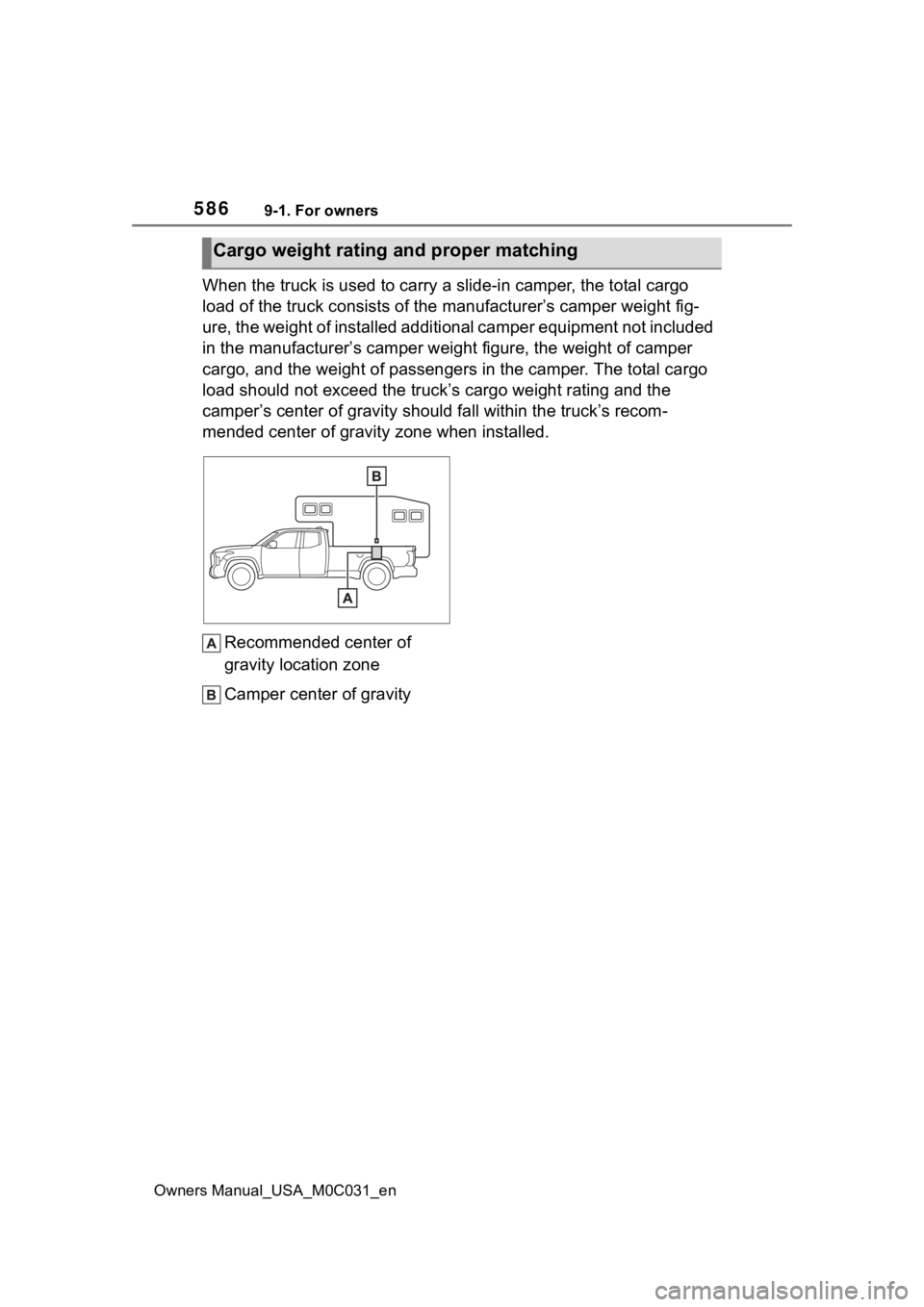 TOYOTA TUNDRA HYBRID 2022  Owners Manual 5869-1. For owners
Owners Manual_USA_M0C031_en
When the truck is used to carry a slide-in camper, the total cargo 
load of the truck consists of the manufacturer’s camper weight fig-
ure, the weight