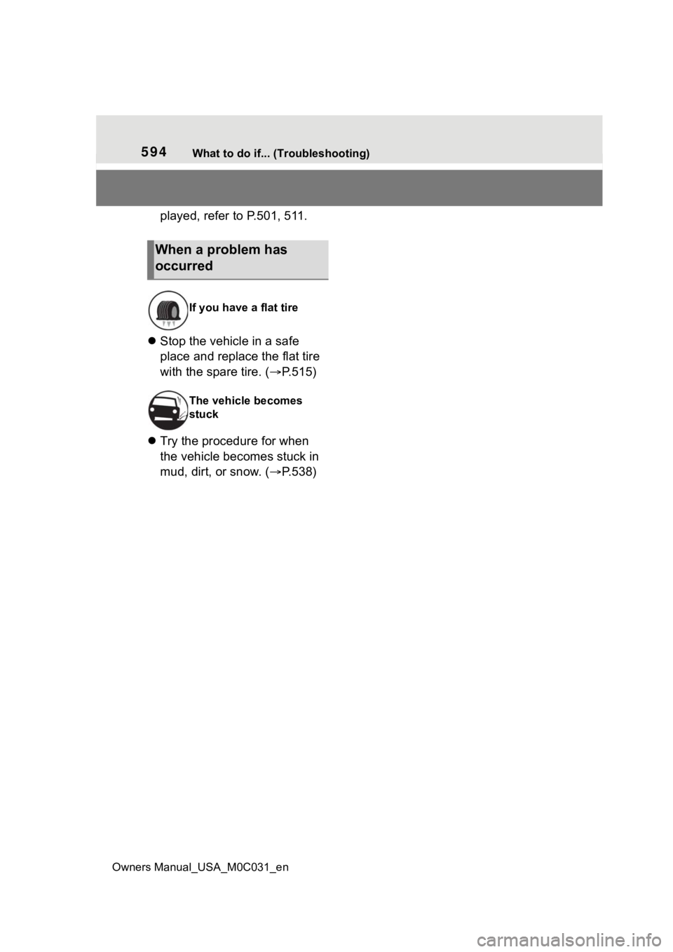 TOYOTA TUNDRA HYBRID 2022  Owners Manual 594What to do if... (Troubleshooting)
Owners Manual_USA_M0C031_en
played, refer to P.501, 511.
 Stop the vehicle in a safe 
place and replace the flat tire 
with the spare tire. ( P.515)
 Try