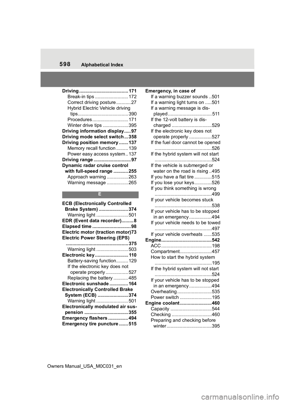 TOYOTA TUNDRA HYBRID 2022  Owners Manual 598Alphabetical Index
Owners Manual_USA_M0C031_en
Driving ..................................... 171 Break-in tips ......................... 172
Correct driving posture ........... 27
Hybrid Electric V