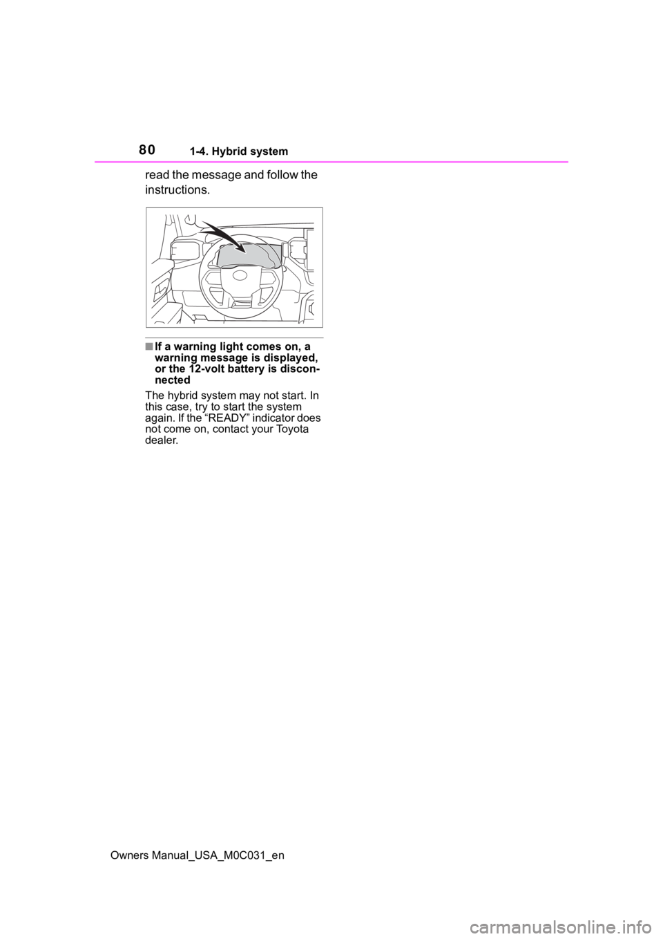 TOYOTA TUNDRA HYBRID 2022  Owners Manual 801-4. Hybrid system
Owners Manual_USA_M0C031_en
read the message and follow the 
instructions.
■If a warning light comes on, a 
warning message is displayed, 
or the 12-volt battery is discon-
nect