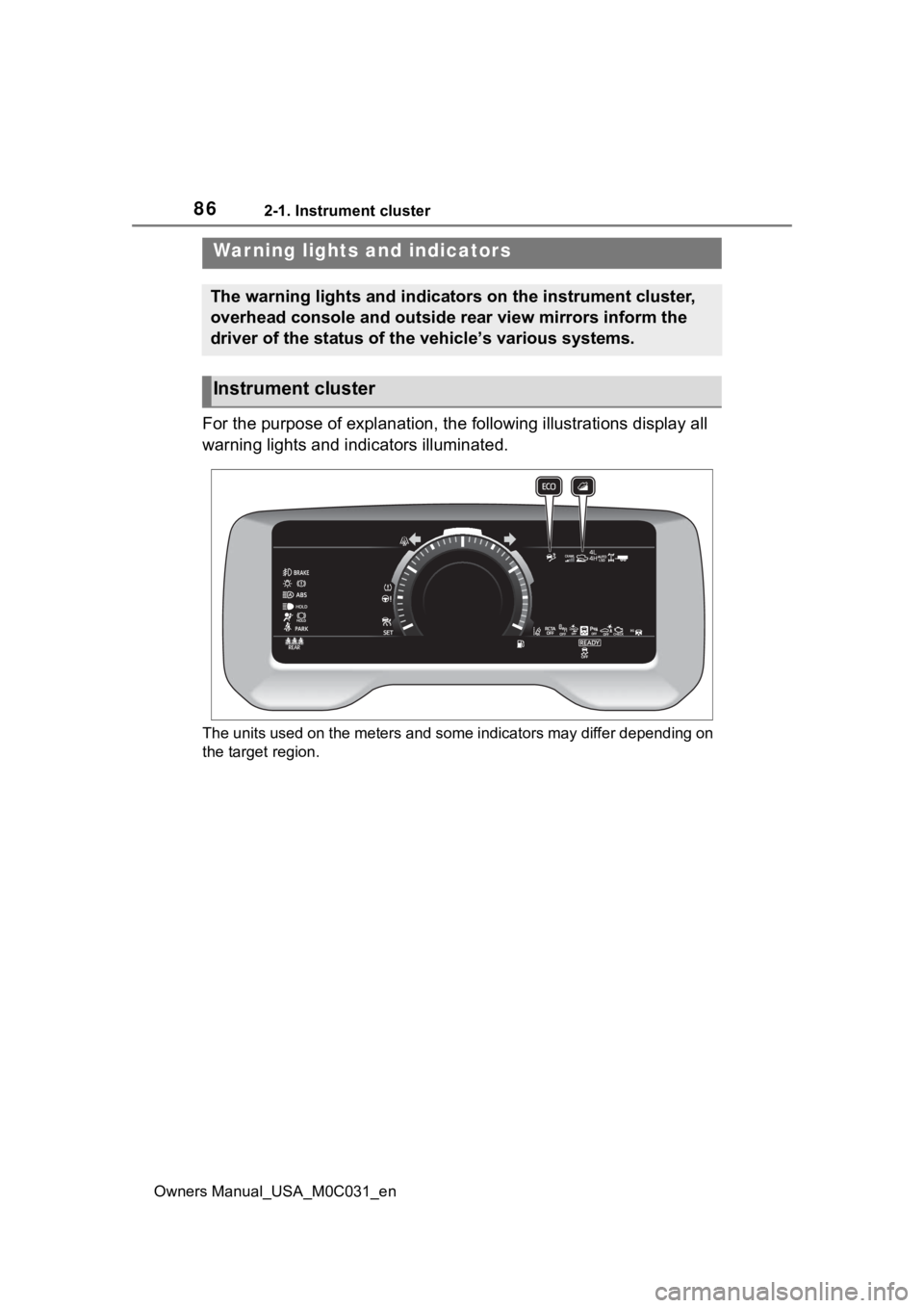 TOYOTA TUNDRA HYBRID 2022  Owners Manual 862-1. Instrument cluster
Owners Manual_USA_M0C031_en
2-1.Instrument cluster
For the purpose of explanation, the following illustrations display all 
warning lights and indicators illuminated.
The uni