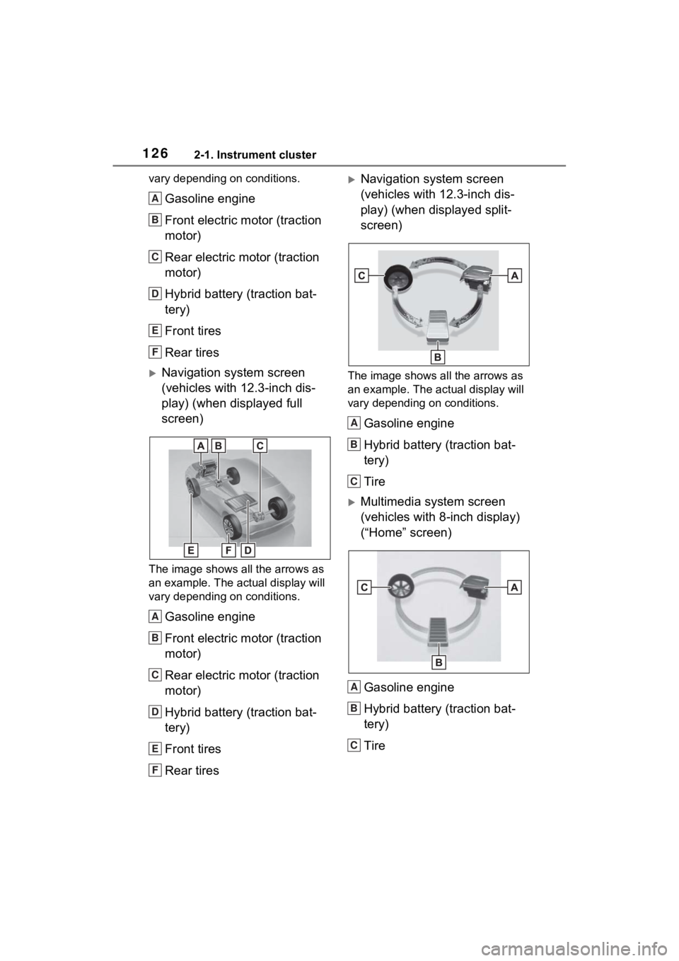 TOYOTA VENZA HYBRID 2022  Owners Manual 1262-1. Instrument cluster
vary depending on conditions.
Gasoline engine
Front electric motor (traction 
motor)
Rear electric motor (traction 
motor)
Hybrid battery (traction bat-
tery)
Front tires
Re