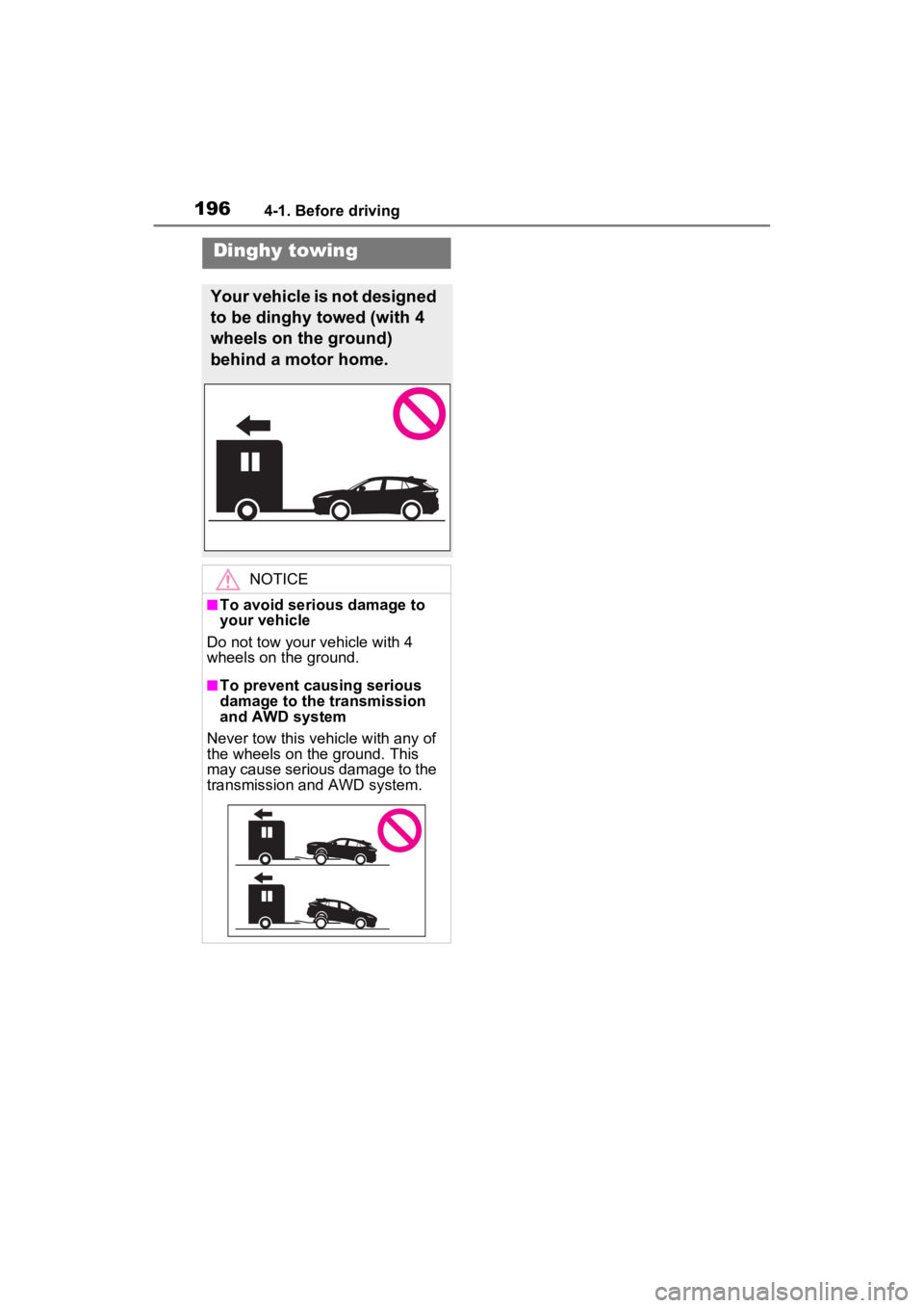 TOYOTA VENZA HYBRID 2022  Owners Manual 1964-1. Before driving
Dinghy towing
Your vehicle is not designed 
to be dinghy towed (with 4 
wheels on the ground) 
behind a motor home.
NOTICE
■To avoid serious damage to 
your vehicle
Do not tow