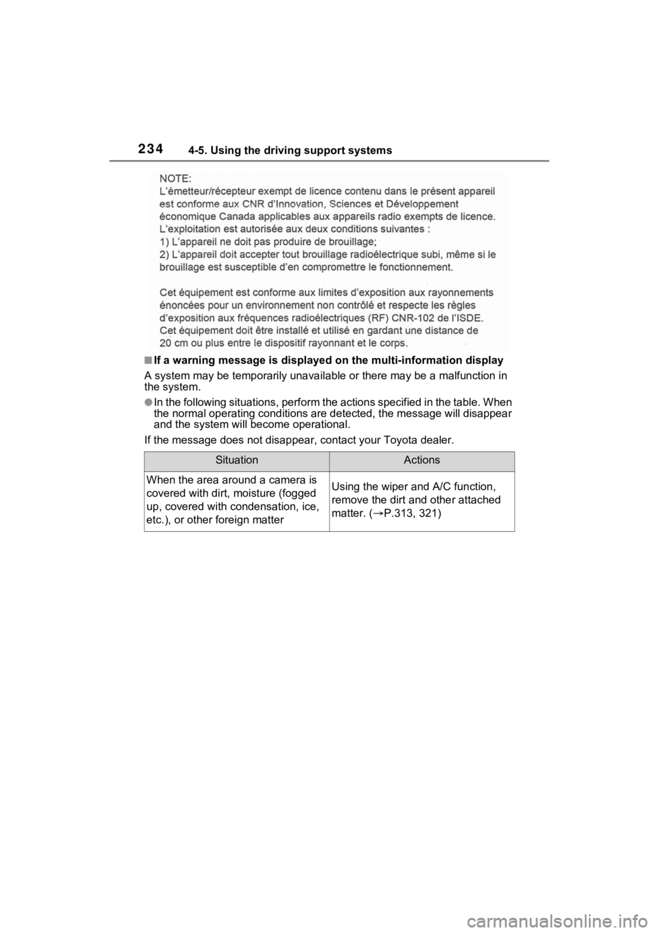 TOYOTA VENZA HYBRID 2022  Owners Manual 2344-5. Using the driving support systems
■If a warning message is displayed on the multi-information display
A system may be temporarily unava ilable or there may be a malfunction in 
the system.
