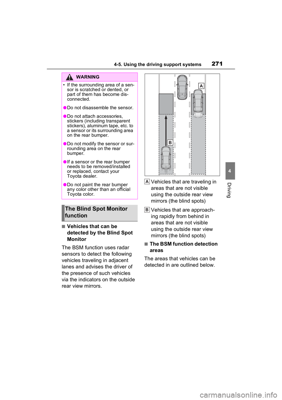 TOYOTA VENZA HYBRID 2022  Owners Manual 2714-5. Using the driving support systems
4
Driving
■Vehicles that can be 
detected by the Blind Spot 
Monitor
The BSM function uses radar 
sensors to detect the following 
vehicles traveling in adj