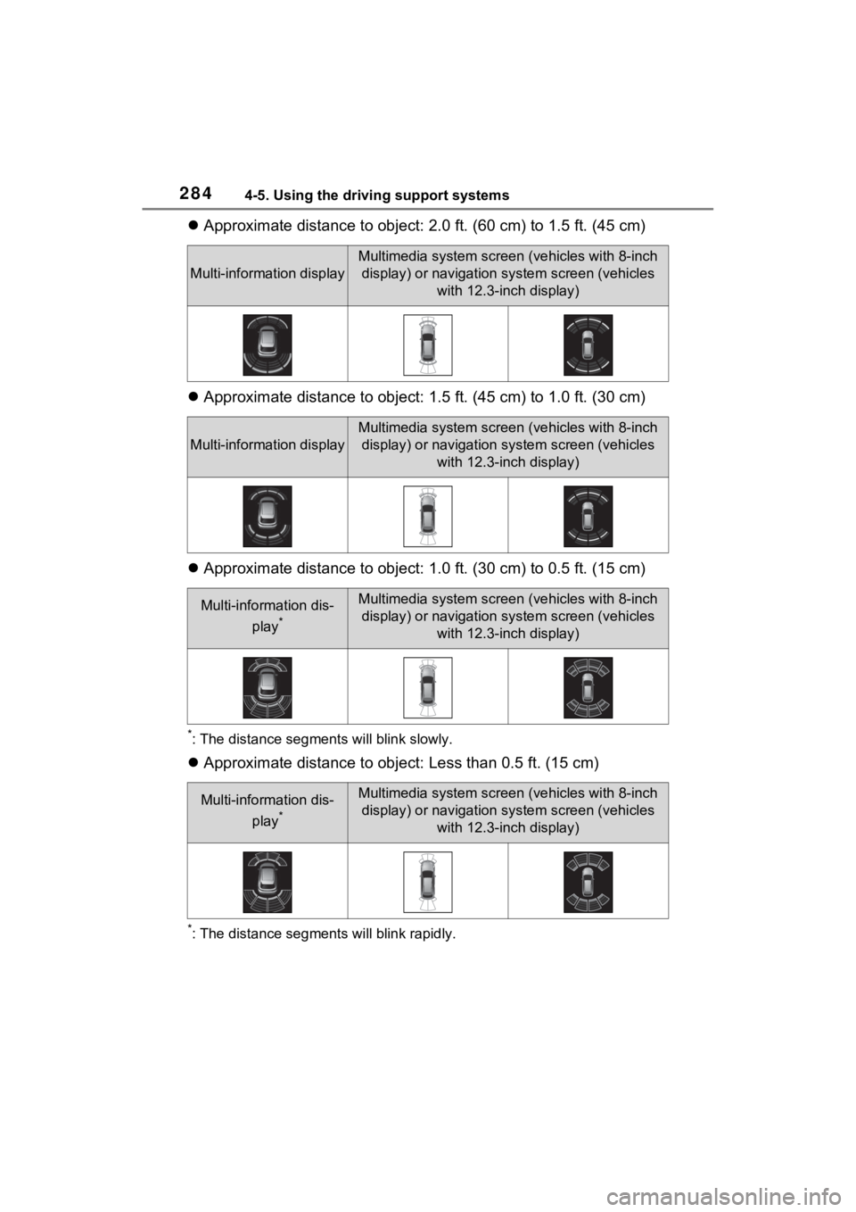TOYOTA VENZA HYBRID 2022  Owners Manual 2844-5. Using the driving support systems
Approximate distance to object: 2.0 ft. (60 cm) to 1.5 ft. (45  cm)
 Approximate distance to object: 1.5 ft. (45 cm) to 1.0 ft. (30  cm)
 Approximate