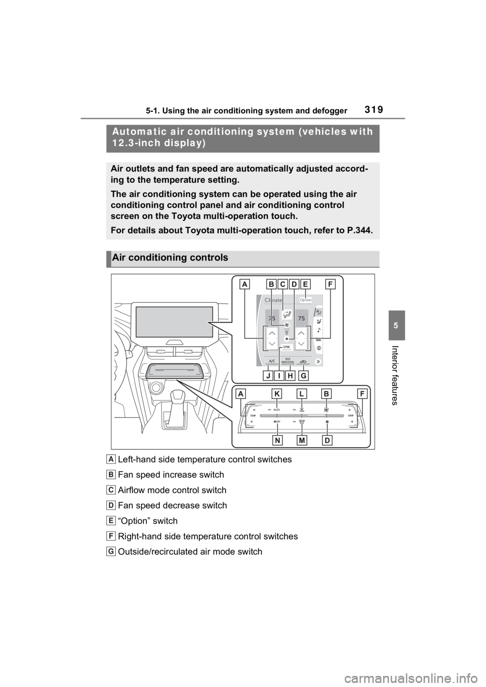 TOYOTA VENZA HYBRID 2022  Owners Manual 3195-1. Using the air conditioning system and defogger
5
Interior features
Left-hand side temperature control switches
Fan speed increase switch
Airflow mode control switch
Fan speed decrease switch
