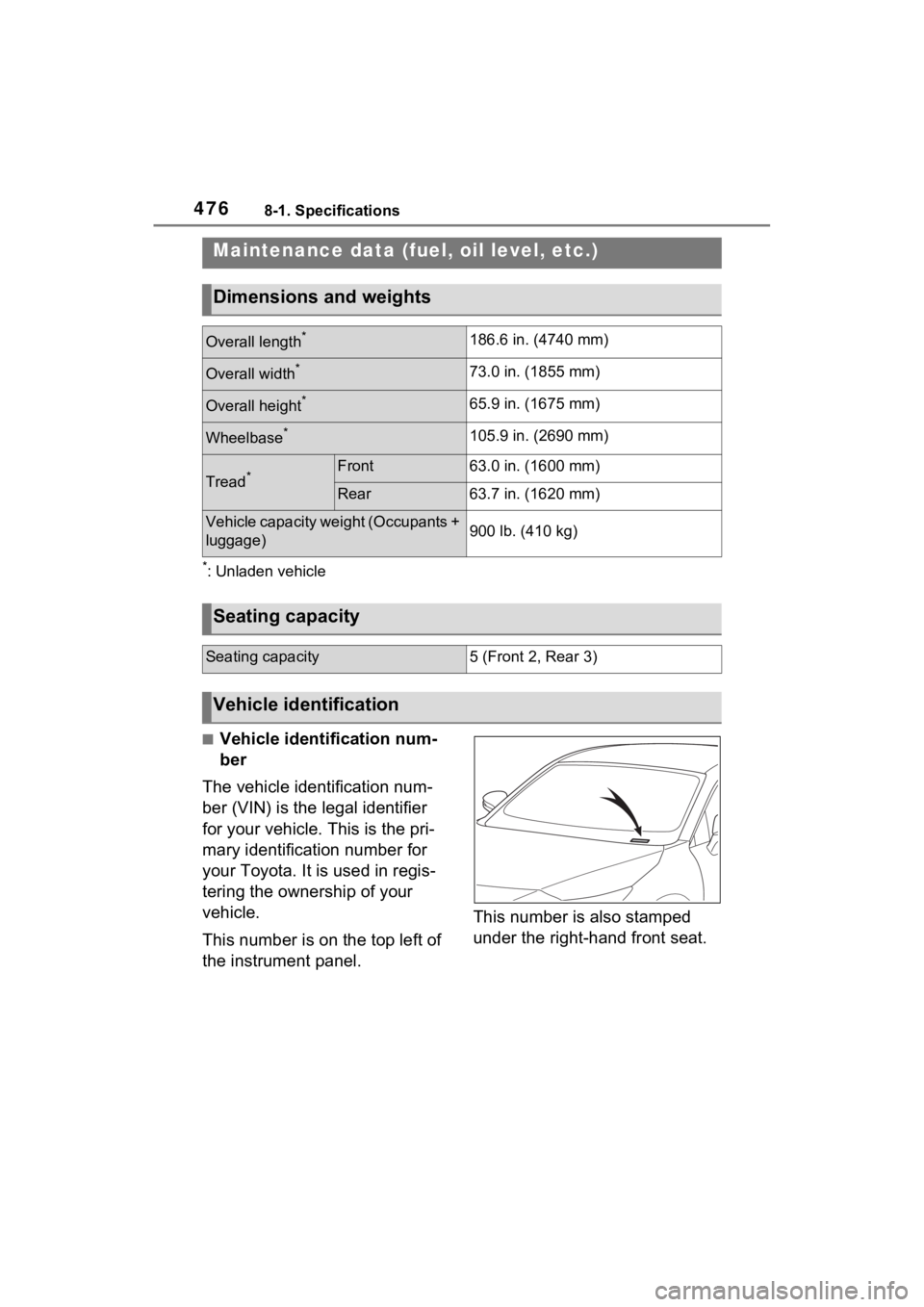 TOYOTA VENZA HYBRID 2022  Owners Manual 4768-1. Specifications
8-1.Specifications
*: Unladen vehicle
■Vehicle identification num-
ber
The vehicle identification num-
ber (VIN) is the legal identifier 
for your vehicle. This is the pri-
ma