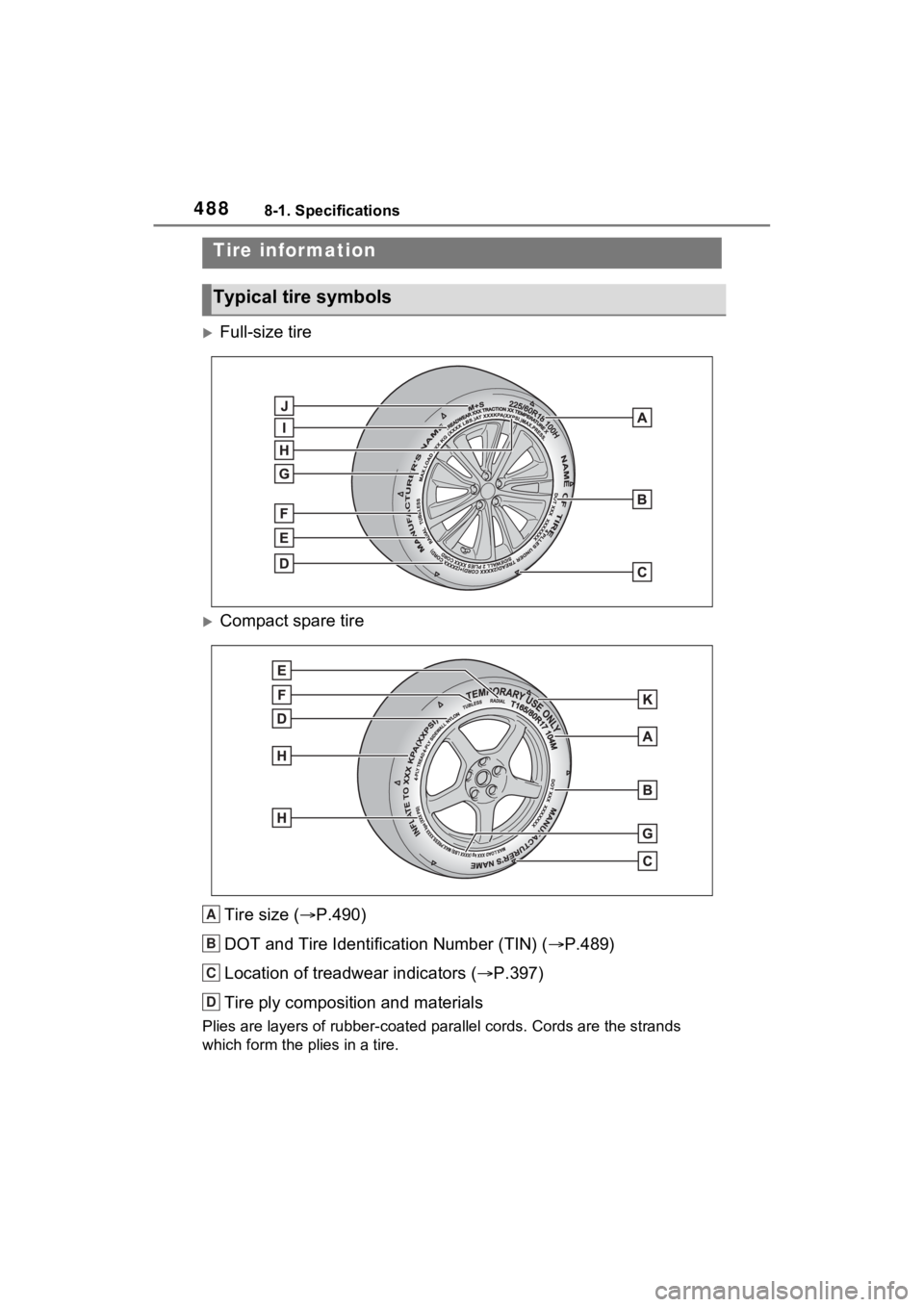 TOYOTA VENZA HYBRID 2022  Owners Manual 4888-1. Specifications
Full-size tire
Compact spare tireTire size ( P.490)
DOT and Tire Identification Number (TIN) ( P.489)
Location of treadwear indicators ( P.397)
Tire ply compositi