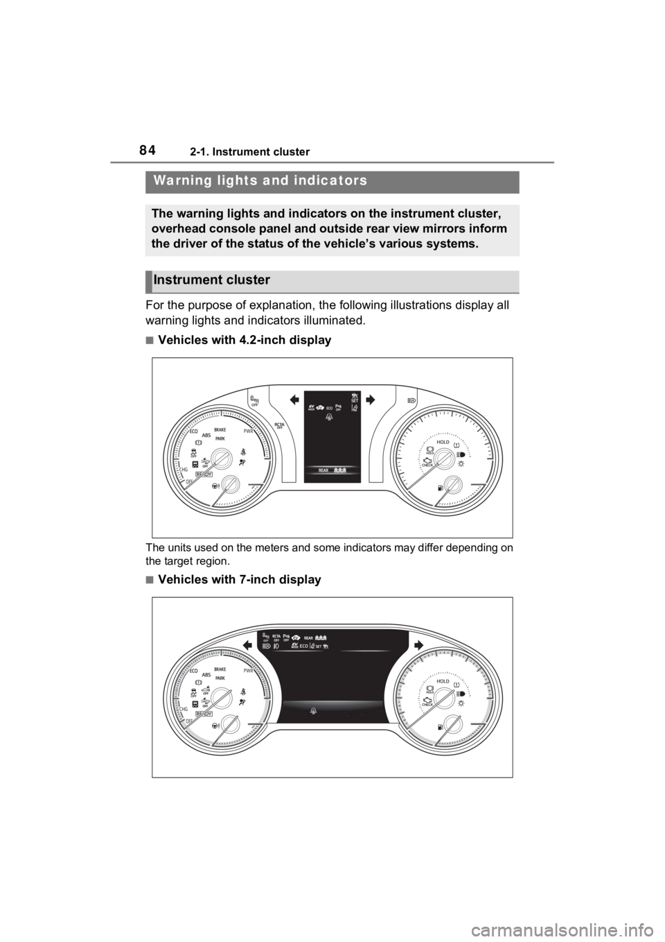 TOYOTA VENZA HYBRID 2022  Owners Manual 842-1. Instrument cluster
2-1.Instrument cluster
For the purpose of explanation, the following illustrations display all 
warning lights and indicators illuminated.
■Vehicles with 4.2-inch display
T