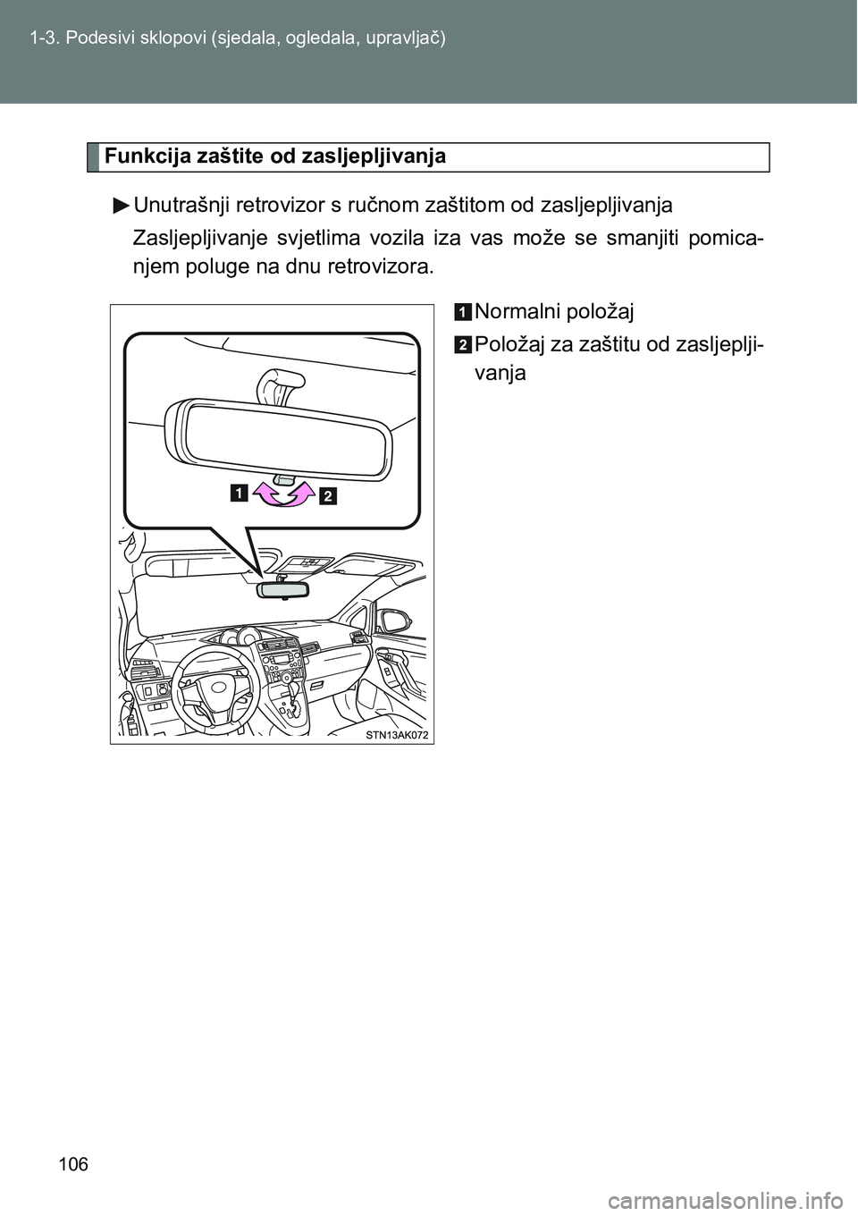 TOYOTA VERSO 2017  Upute Za Rukovanje (in Croatian) 106 1-3. Podesivi sklopovi (sjedala, ogledala, upravljač)
Funkcija zaštite od zasljepljivanja
Unutrašnji retrovizor s ručnom zaštitom od zasljepljivanja
Zasljepljivanje  svjetlima  vozila iza  va