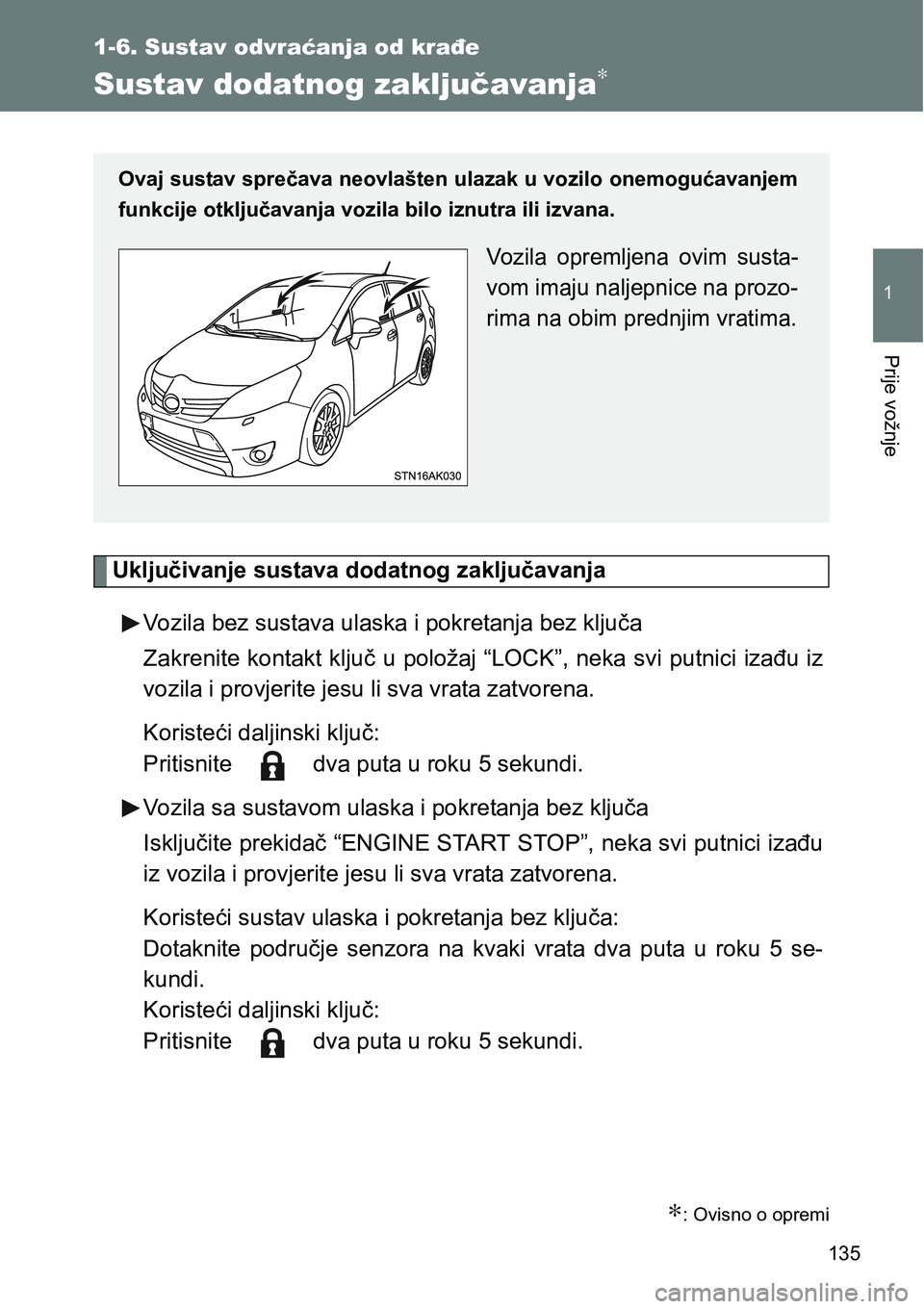 TOYOTA VERSO 2017 Upute Za Rukovanje (in Croatian) 135
1
1-6. Sustav odvraćanja od krađe
Prije vožnje
Sustav dodatnog zaključavanja∗
Uključivanje sustava dodatnog zaključavanja
Vozila bez sustava ulaska i pokretanja bez ključa
Zakrenite konta TOYOTA VERSO 2017 Upute Za Rukovanje (in Croatian) 135
1
1-6. Sustav odvraćanja od krađe
Prije vožnje
Sustav dodatnog zaključavanja∗
Uključivanje sustava dodatnog zaključavanja
Vozila bez sustava ulaska i pokretanja bez ključa
Zakrenite konta