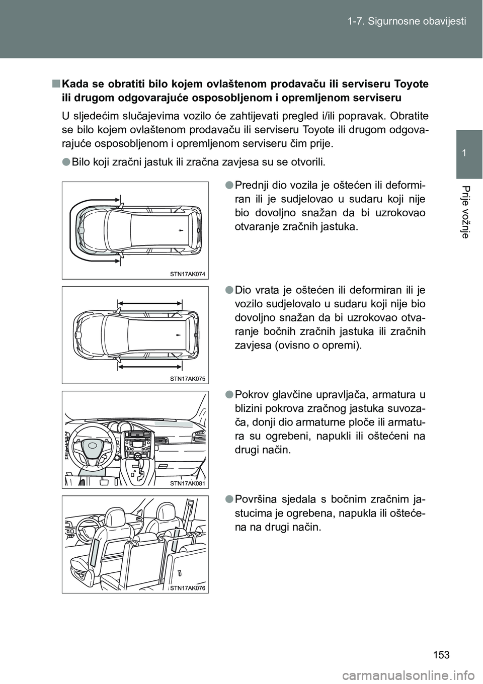 TOYOTA VERSO 2017 Upute Za Rukovanje (in Croatian) 153 1-7. Sigurnosne obavijesti
1
Prije vožnje
nKada se obratiti bilo kojem ovlaštenom prodavaču ili serviseru To y o t e
ili drugom odgovarajuće osposobljenom i opremljenom serviseru
U sljedeć TOYOTA VERSO 2017 Upute Za Rukovanje (in Croatian) 153 1-7. Sigurnosne obavijesti
1
Prije vožnje
nKada se obratiti bilo kojem ovlaštenom prodavaču ili serviseru To y o t e
ili drugom odgovarajuće osposobljenom i opremljenom serviseru
U sljedeć