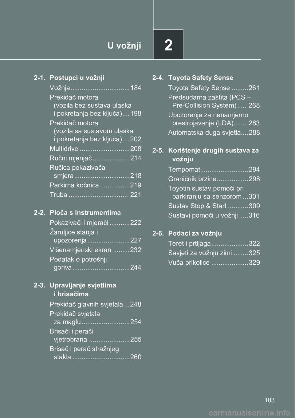 TOYOTA VERSO 2017 Upute Za Rukovanje (in Croatian) 2U vožnji
183
2-1. Postupci u vožnji
Vožnja................................ 184
Prekidač motora
(vozila bez sustava ulaska
i pokretanja bez ključa) .... 198
Prekidač motora
(vozila sa sustavo TOYOTA VERSO 2017 Upute Za Rukovanje (in Croatian) 2U vožnji
183
2-1. Postupci u vožnji
Vožnja................................ 184
Prekidač motora
(vozila bez sustava ulaska
i pokretanja bez ključa) .... 198
Prekidač motora
(vozila sa sustavo