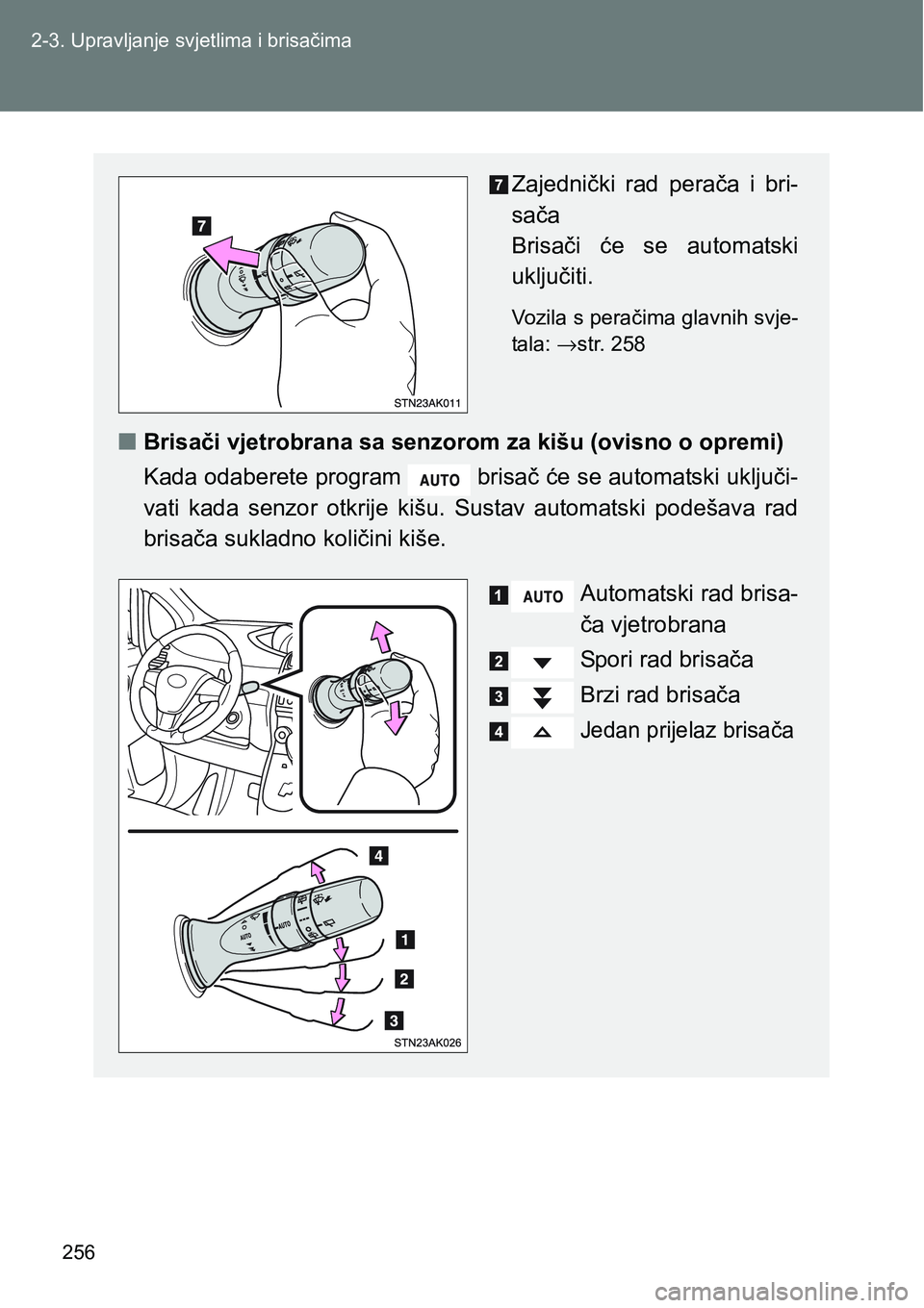 TOYOTA VERSO 2017  Upute Za Rukovanje (in Croatian) 256 2-3. Upravljanje svjetlima i brisačima
Zajednički  rad  perača  i  bri-
sača 
Brisači  će  se  automatski
uključiti.
Vozila s peračima glavnih svje-
tala: →str. 258
nBrisači vjetrobrana