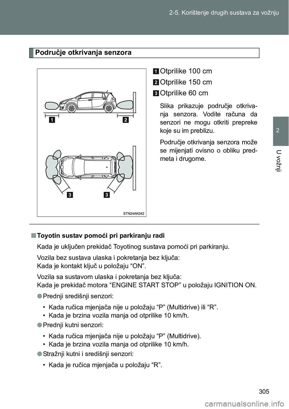 TOYOTA VERSO 2017 Upute Za Rukovanje (in Croatian) 305 2-5. Korištenje drugih sustava za vožnju
2
U vožnji
Područje otkrivanja senzora
Otprilike 100 cm
Otprilike 150 cm
Otprilike 60 cm
Slika prikazuje područje otkriva-
nja senzora. Vodite r TOYOTA VERSO 2017 Upute Za Rukovanje (in Croatian) 305 2-5. Korištenje drugih sustava za vožnju
2
U vožnji
Područje otkrivanja senzora
Otprilike 100 cm
Otprilike 150 cm
Otprilike 60 cm
Slika prikazuje područje otkriva-
nja senzora. Vodite r
