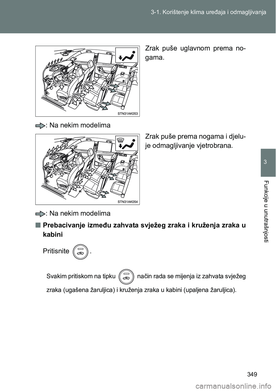 TOYOTA VERSO 2017  Upute Za Rukovanje (in Croatian) 349 3-1. Korištenje klima uređaja i odmagljivanja
3
Funkcije u unutrašnjosti
Zrak  puše  uglavnom  prema  no-
gama.
: Na nekim modelima
Zrak puše prema nogama i djelu-
je odmagljivanje vjetrobran