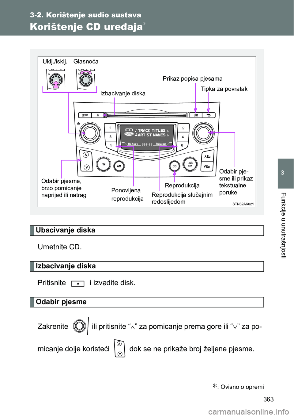 TOYOTA VERSO 2017  Upute Za Rukovanje (in Croatian) 363
3-2. Korištenje audio sustava
3
Funkcije u unutrašnjosti
Korištenje CD uređaja∗
Ubacivanje diska
Umetnite CD.
Izbacivanje diska
Pritisnite   i izvadite disk.
Odabir pjesme
Zakrenite   ili pr