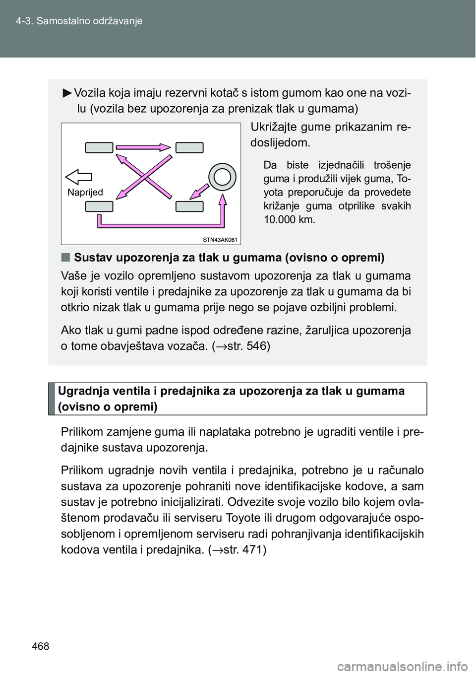 TOYOTA VERSO 2017 Upute Za Rukovanje (in Croatian) 468 4-3. Samostalno održavanje
Ugradnja ventila i predajnika za upozorenja za tlak u gumama
(ovisno o opremi)
Prilikom zamjene guma ili naplataka potrebno je ugraditi ventile i pre-
dajnike sustava TOYOTA VERSO 2017 Upute Za Rukovanje (in Croatian) 468 4-3. Samostalno održavanje
Ugradnja ventila i predajnika za upozorenja za tlak u gumama
(ovisno o opremi)
Prilikom zamjene guma ili naplataka potrebno je ugraditi ventile i pre-
dajnike sustava