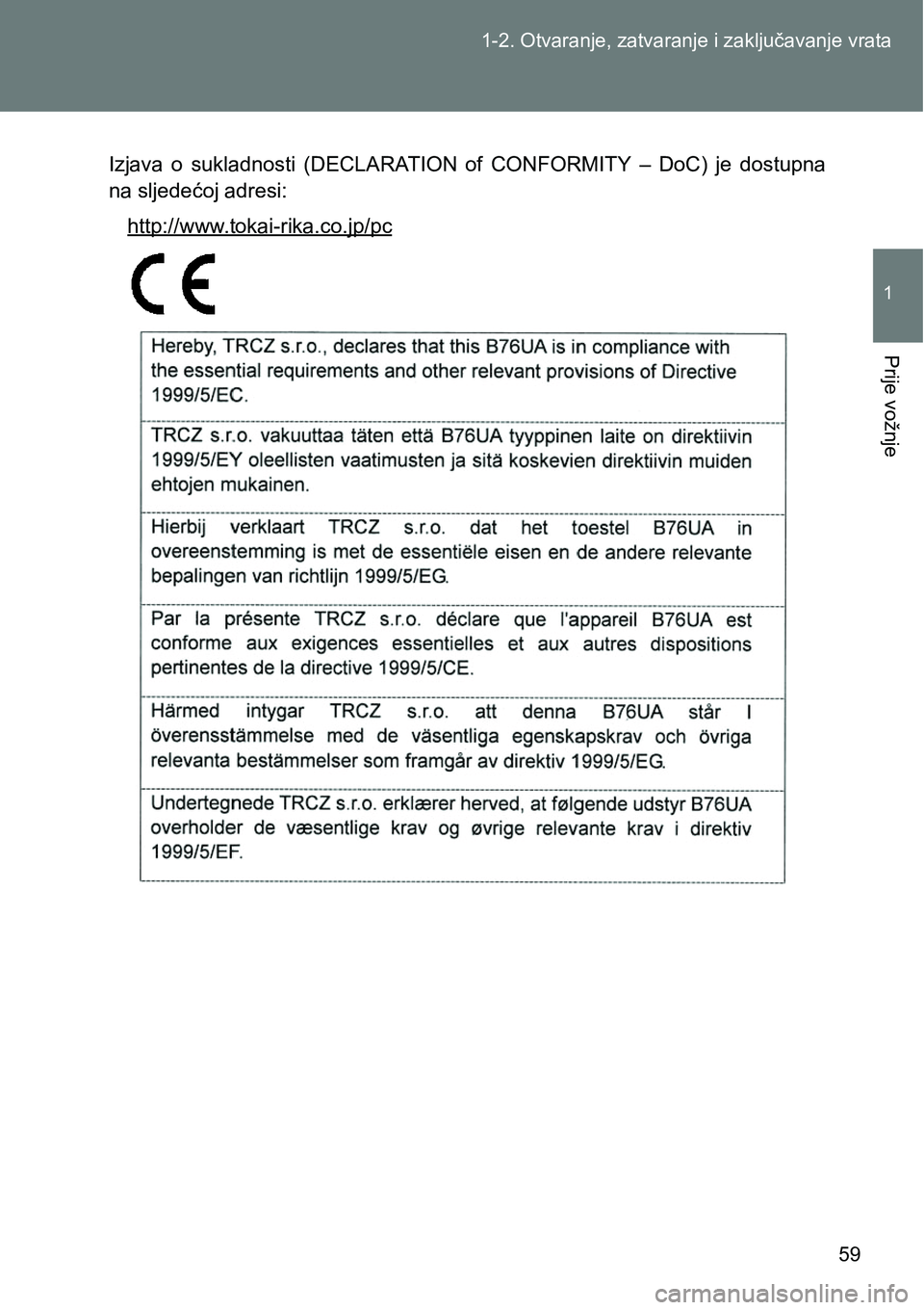 TOYOTA VERSO 2017  Upute Za Rukovanje (in Croatian) 59 1-2. Otvaranje, zatvaranje i zaključavanje vrata
1
Prije vožnje
Izjava  o  sukladnosti  (DECLARATION  of  CONFORMITY  –  DoC)  je  dostupna
na sljedećoj adresi:
http://www.tokai-rika.co.jp/pc 