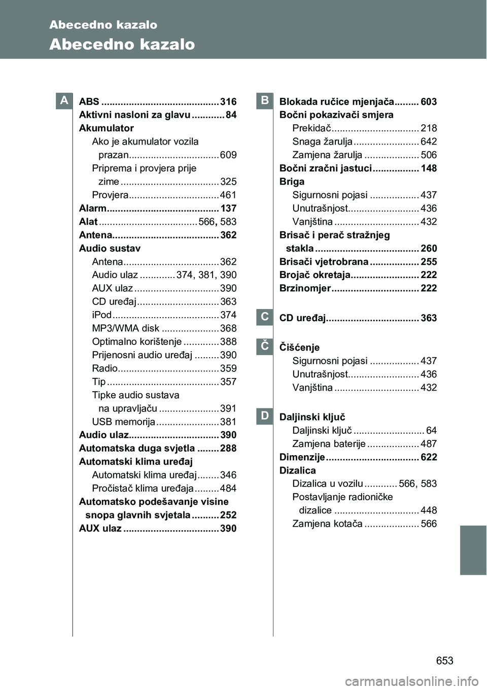 TOYOTA VERSO 2017 Upute Za Rukovanje (in Croatian) 653
Abecedno kazalo
Abecedno kazalo
ABS ........................................... 316
Aktivni nasloni za glavu ............ 84
Akumulator
Ako je akumulator vozila
prazan............................ TOYOTA VERSO 2017 Upute Za Rukovanje (in Croatian) 653
Abecedno kazalo
Abecedno kazalo
ABS ........................................... 316
Aktivni nasloni za glavu ............ 84
Akumulator
Ako je akumulator vozila
prazan............................