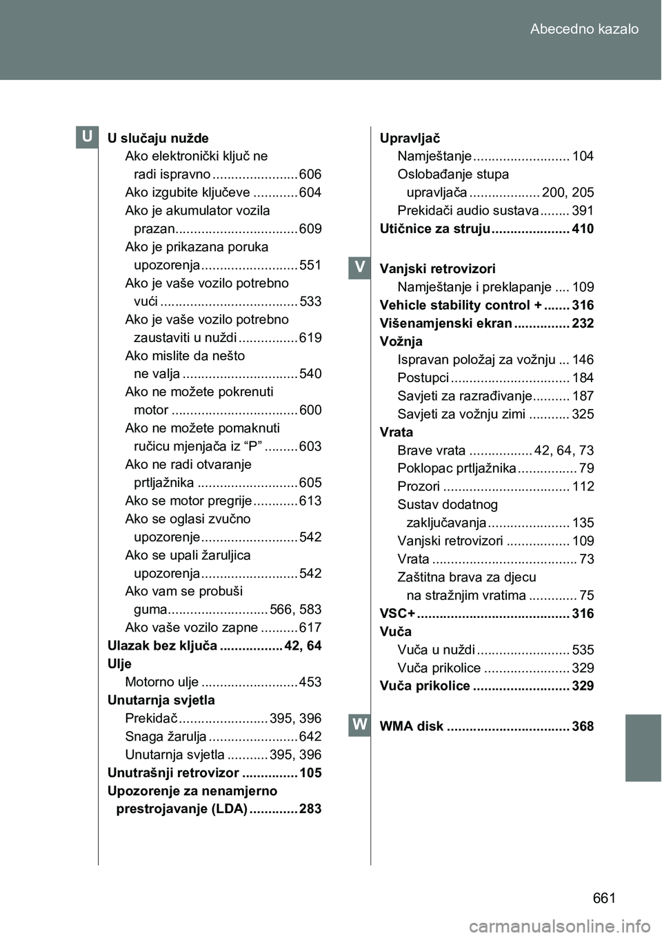 TOYOTA VERSO 2017 Upute Za Rukovanje (in Croatian) 661 Abecedno kazalo
U slučaju nužde
Ako elektronički ključ ne
radi ispravno ....................... 606
Ako izgubite ključeve ............ 604
Ako je akumulator vozila
prazan................... TOYOTA VERSO 2017 Upute Za Rukovanje (in Croatian) 661 Abecedno kazalo
U slučaju nužde
Ako elektronički ključ ne
radi ispravno ....................... 606
Ako izgubite ključeve ............ 604
Ako je akumulator vozila
prazan...................