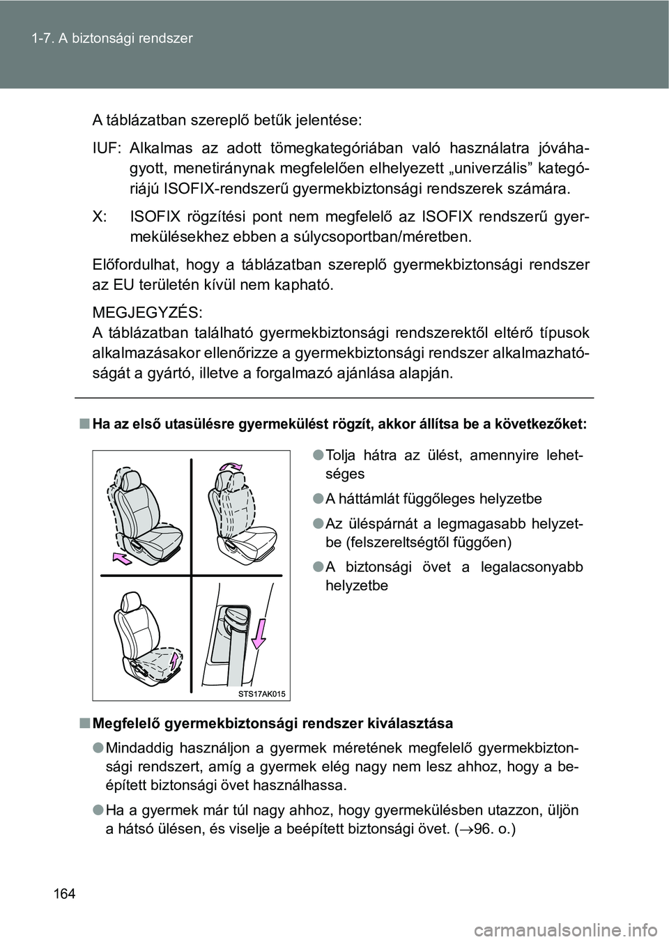 TOYOTA VERSO 2017 Kezelési útmutató (in Hungarian) 164
1-7. A biztonsági rendszer
A táblázatban szereplő betűk jelentése:
IUF: Alkalmas az adott tömegkategóriában való használatra jóváha
-
gyott, menetiránynak megfelelően elhel TOYOTA VERSO 2017 Kezelési útmutató (in Hungarian) 164
1-7. A biztonsági rendszer
A táblázatban szereplő betűk jelentése:
IUF: Alkalmas az adott tömegkategóriában való használatra jóváha
-
gyott, menetiránynak megfelelően elhel