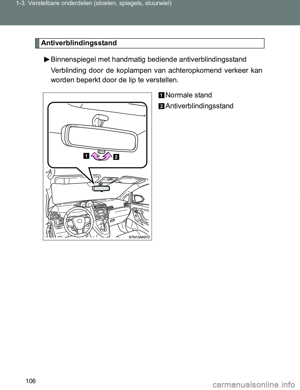 TOYOTA VERSO 2017  Instructieboekje (in Dutch) 106 1-3. Verstelbare onderdelen (stoelen, spiegels, stuurwiel)
VERSO_EE_OM64517E
Antiverblindingsstand
Binnenspiegel met handmatig bediende antiverblindingsstand
Verblinding  door  de  koplampen  van 