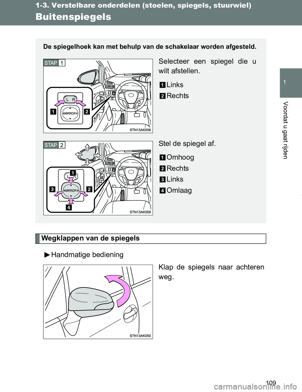 TOYOTA VERSO 2017  Instructieboekje (in Dutch) 109
1
1-3. Verstelbare onderdelen (stoelen, spiegels, stuurwiel)
Voordat u gaat rijden
VERSO_EE_OM64517E
Buitenspiegels
Wegklappen van de spiegels
Handmatige bediening
Klap  de  spiegels  naar  achter