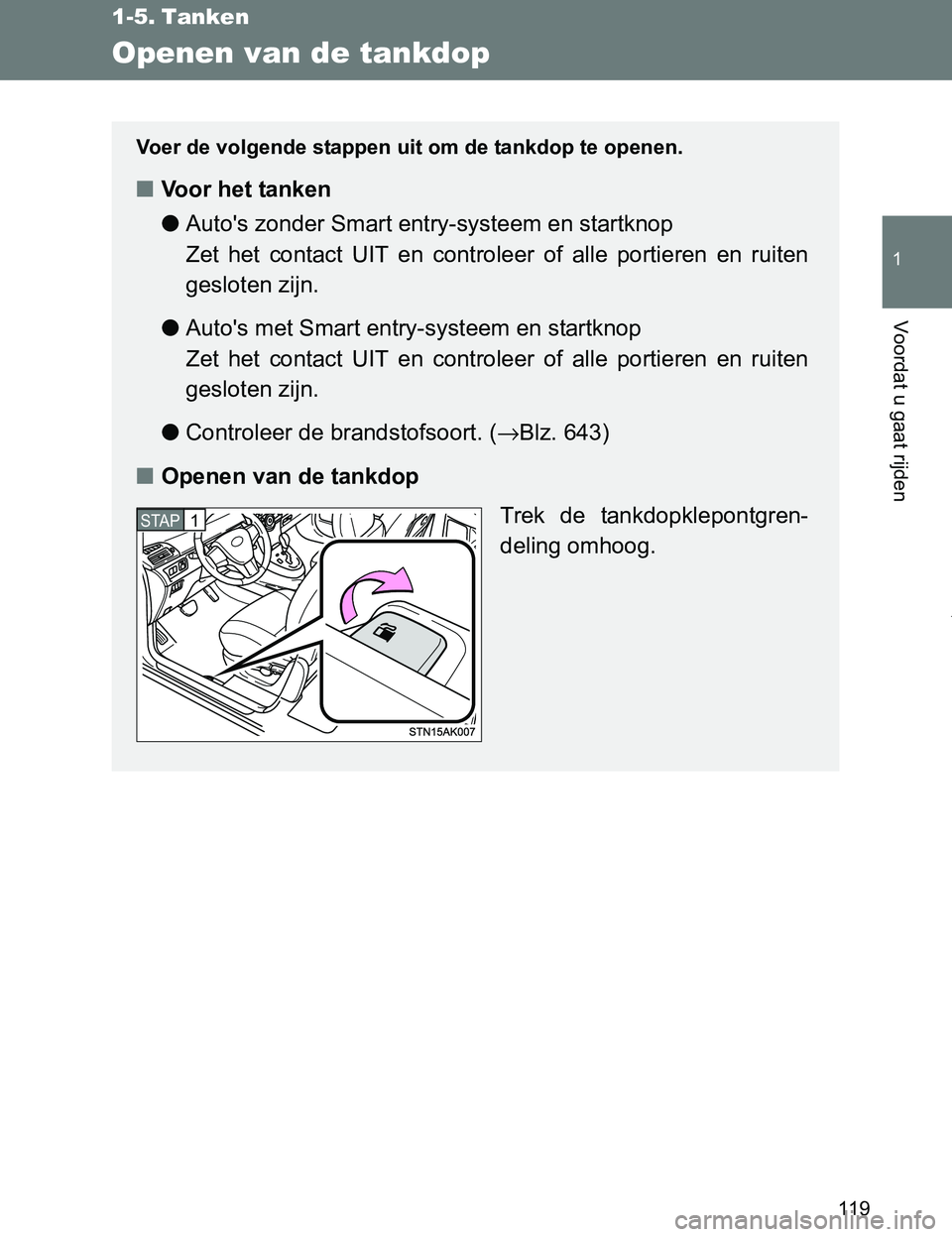 TOYOTA VERSO 2017  Instructieboekje (in Dutch) 119
1
Voordat u gaat rijden
VERSO_EE_OM64517E
1-5. Tanken
Openen van de tankdop
Voer de volgende stappen uit om de tankdop te openen.
■Voor het tanken
●Auto's zonder Smart entry-systeem en sta