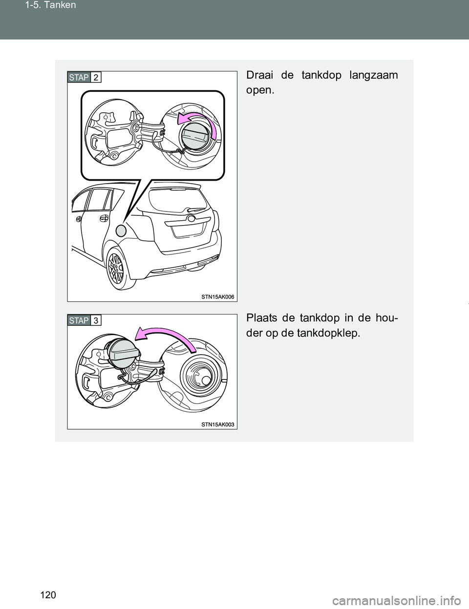 TOYOTA VERSO 2017  Instructieboekje (in Dutch) 120 1-5. Tanken
VERSO_EE_OM64517E
Draai  de  tankdop  langzaam
open.
Plaats  de  tankdop  in  de  hou-
der op de tankdopklep.STAP2
STAP3
VERSO_OM_Europe_OM64517E.book  Page 120  Wednesday, December 14