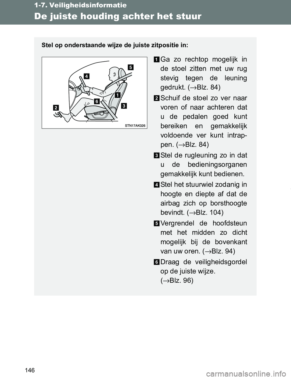 TOYOTA VERSO 2017  Instructieboekje (in Dutch) 146
VERSO_EE_OM64517E
1-7. Veiligheidsinformatie
De juiste houding achter het stuur
Stel op onderstaande wijze de juiste zitpositie in:
Ga  zo  rechtop  mogelijk  in
de  stoel  zitten  met  uw  rug
st