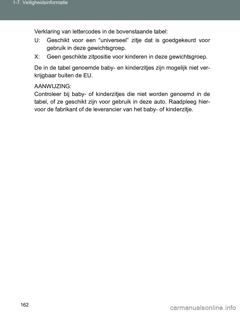 TOYOTA VERSO 2017  Instructieboekje (in Dutch) 162 1-7. Veiligheidsinformatie
VERSO_EE_OM64517EVerklaring van lettercodes in de bovenstaande tabel:
U: Geschikt  voor  een  “universeel”  zitje  dat  is  goedgekeurd  voor
gebruik in deze gewicht