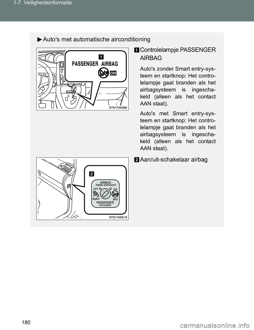 TOYOTA VERSO 2017  Instructieboekje (in Dutch) 180 1-7. Veiligheidsinformatie
VERSO_EE_OM64517E
Auto's met automatische airconditioning
Controlelampje PASSENGER
AIRBAG
Auto's zonder Smart entry-sys-
teem  en  startknop:  Het  contro-
lelam