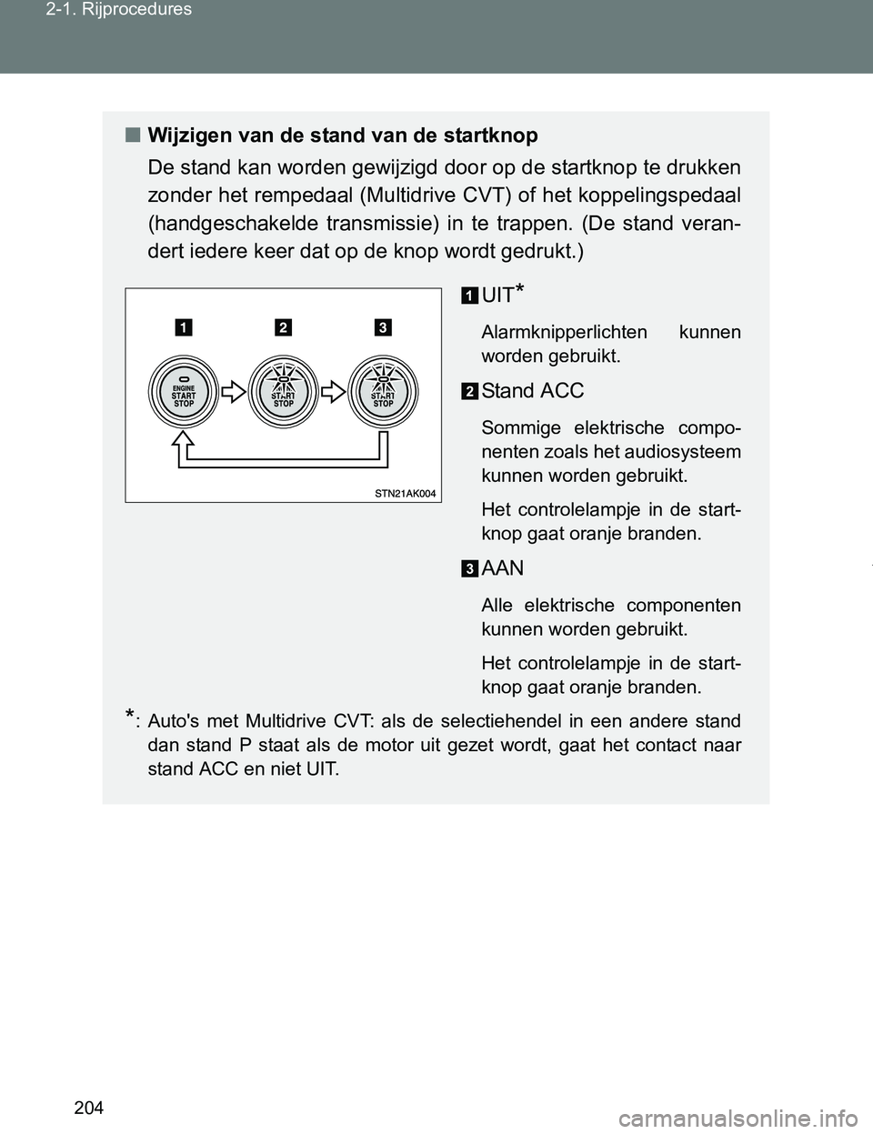 TOYOTA VERSO 2017  Instructieboekje (in Dutch) 204 2-1. Rijprocedures
VERSO_EE_OM64517E
■Wijzigen van de stand van de startknop
De stand kan worden gewijzigd door op de startknop te drukken
zonder het rempedaal (Multidrive CVT) of het koppelings