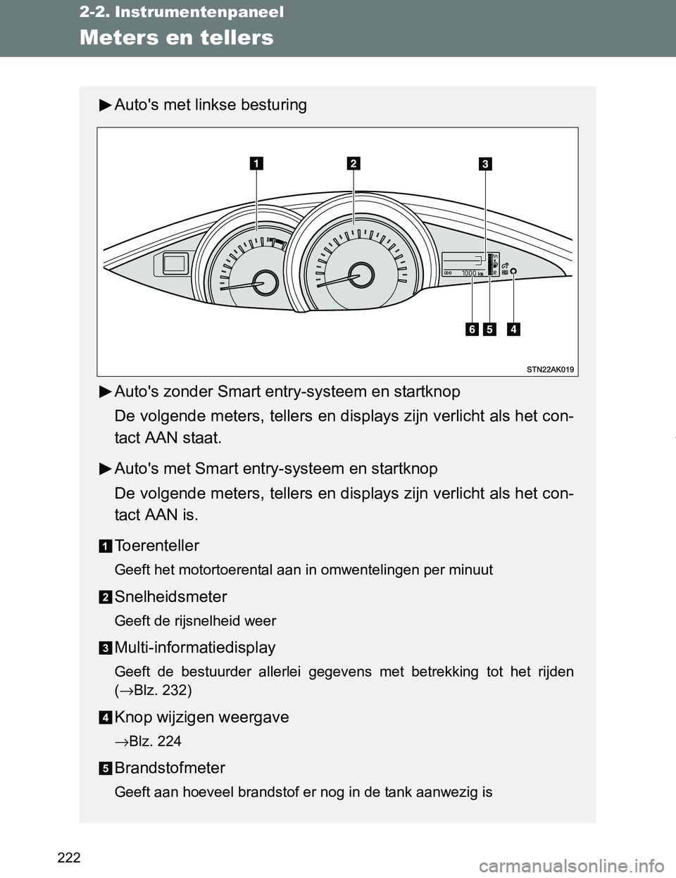 TOYOTA VERSO 2017  Instructieboekje (in Dutch) 222
VERSO_EE_OM64517E
2-2. Instrumentenpaneel
Meters en tellers
Auto's met linkse besturing
Auto's zonder Smart entry-systeem en startknop
De volgende meters, tellers en displays zijn verlicht