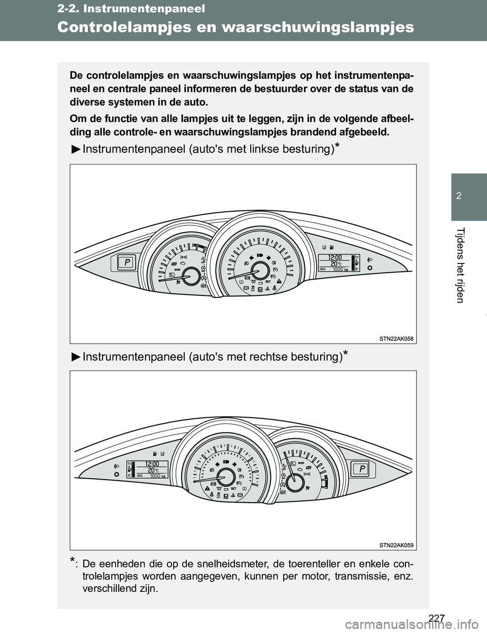 TOYOTA VERSO 2017  Instructieboekje (in Dutch) 227
2-2. Instrumentenpaneel
2
Tijdens het rijden
VERSO_EE_OM64517E
Controlelampjes en waarschuwingslampjes
De  controlelampjes  en  waarschuwingslampjes  op  het  instrumentenpa-
neel en centrale pane