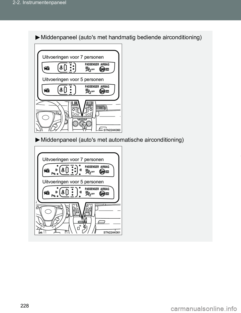 TOYOTA VERSO 2017  Instructieboekje (in Dutch) 228 2-2. Instrumentenpaneel
VERSO_EE_OM64517E
Middenpaneel (auto's met handmatig bediende airconditioning)
Middenpaneel (auto's met automatische airconditioning)
Uitvoeringen voor 7 personen
U