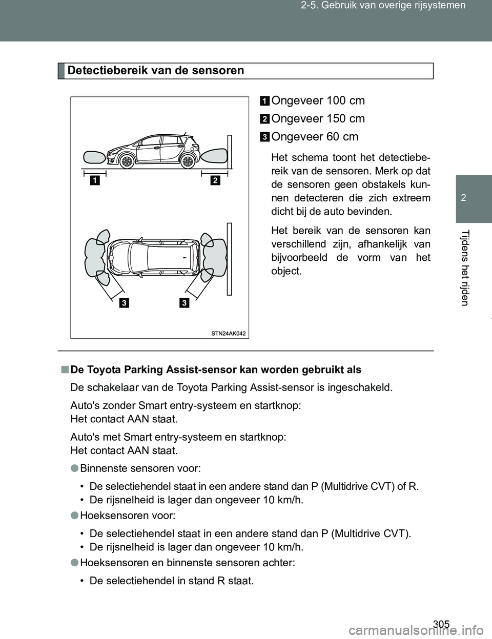 TOYOTA VERSO 2017 Instructieboekje (in Dutch) 305 2-5. Gebruik van overige rijsystemen
2
Tijdens het rijden
VERSO_EE_OM64517E
Detectiebereik van de sensoren
Ongeveer 100 cm
Ongeveer 150 cm
Ongeveer 60 cm
Het schema toont het detectiebe-
reik TOYOTA VERSO 2017 Instructieboekje (in Dutch) 305 2-5. Gebruik van overige rijsystemen
2
Tijdens het rijden
VERSO_EE_OM64517E
Detectiebereik van de sensoren
Ongeveer 100 cm
Ongeveer 150 cm
Ongeveer 60 cm
Het schema toont het detectiebe-
reik
