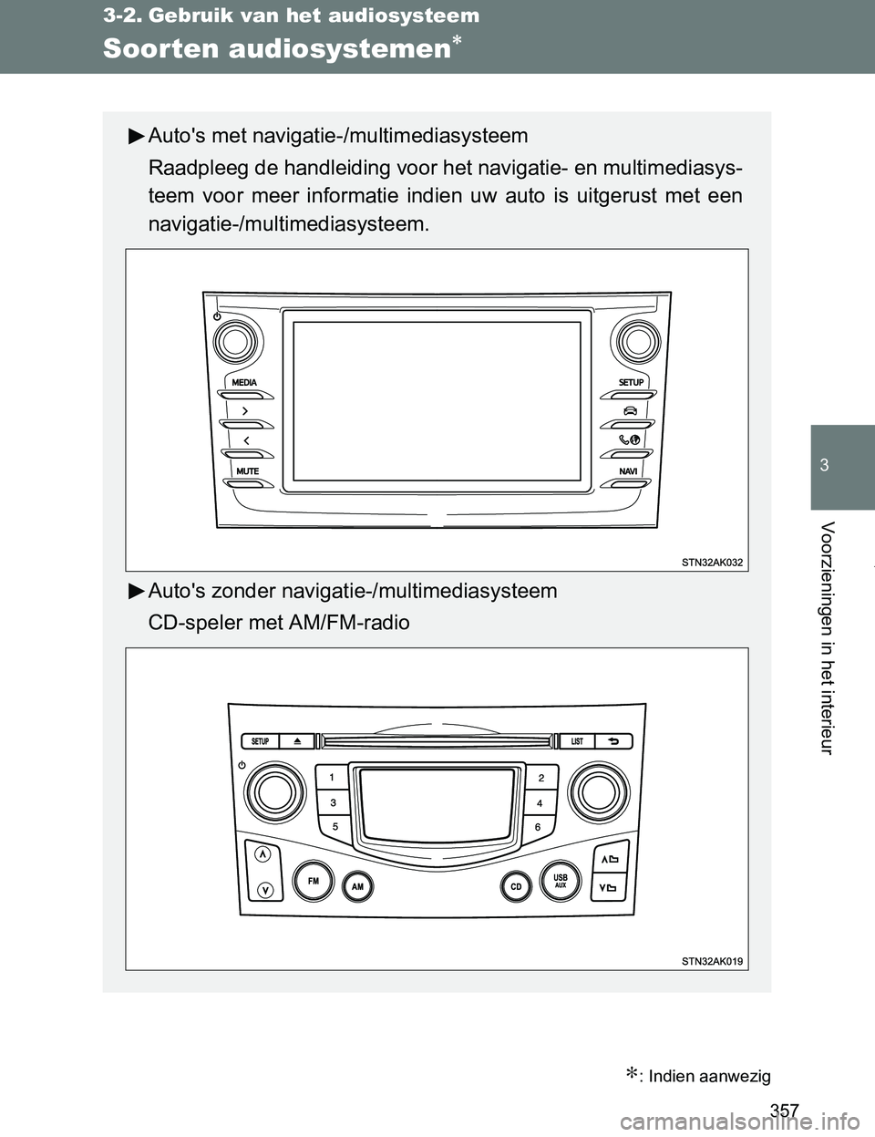 TOYOTA VERSO 2017  Instructieboekje (in Dutch) 357
3
Voorzieningen in het interieur
VERSO_EE_OM64517E
3-2. Gebruik van het audiosysteem
Soorten audiosystemen∗
∗: Indien aanwezig
Auto's met navigatie-/multimediasysteem
Raadpleeg de handleid